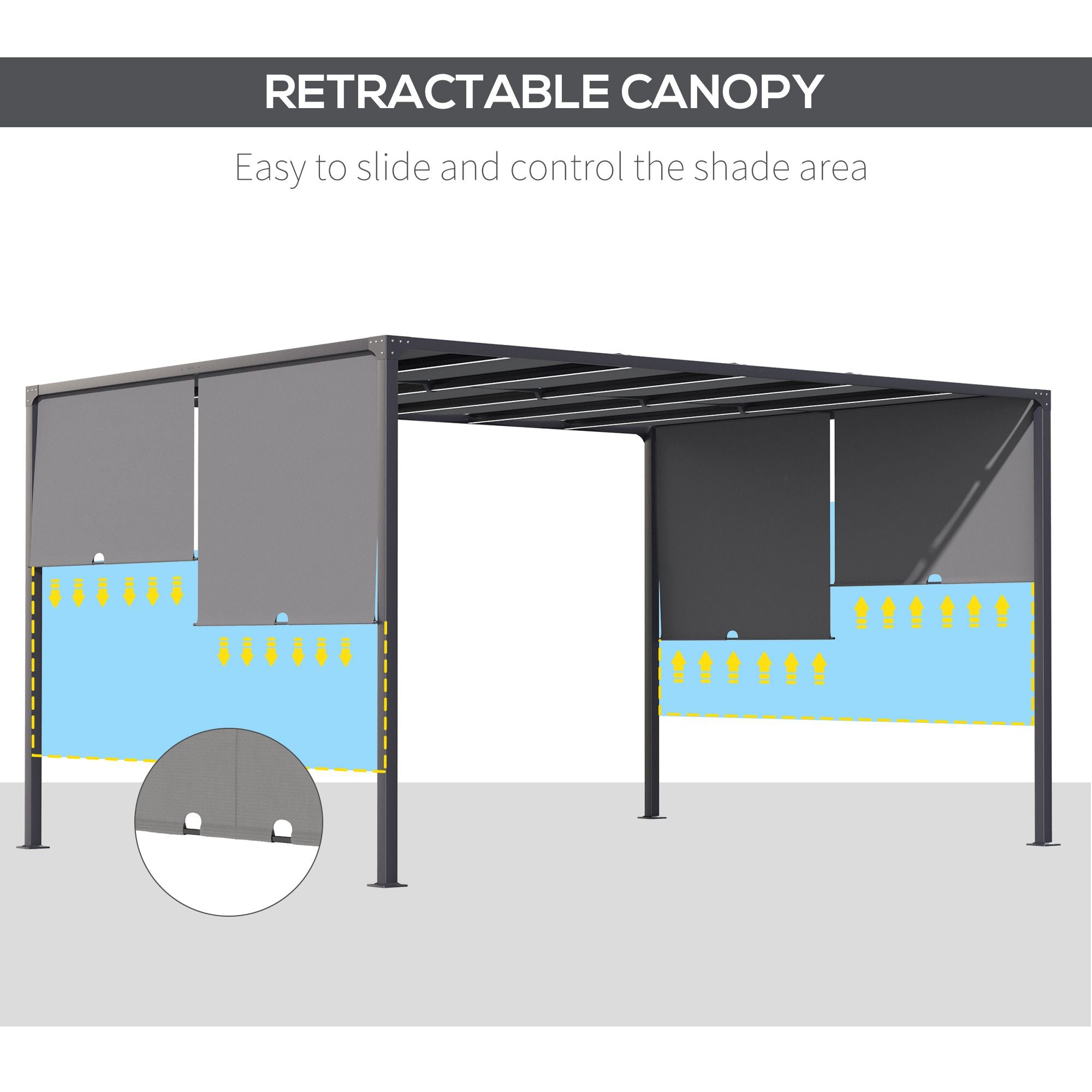 Outsunny 3(m) x 4m Metal Pergola with LED Lights, Outdoor Garden Pergola with Sliding Roof, Solar Powered, for BBQ,\'c2\'a0Lawn, Dark Grey
