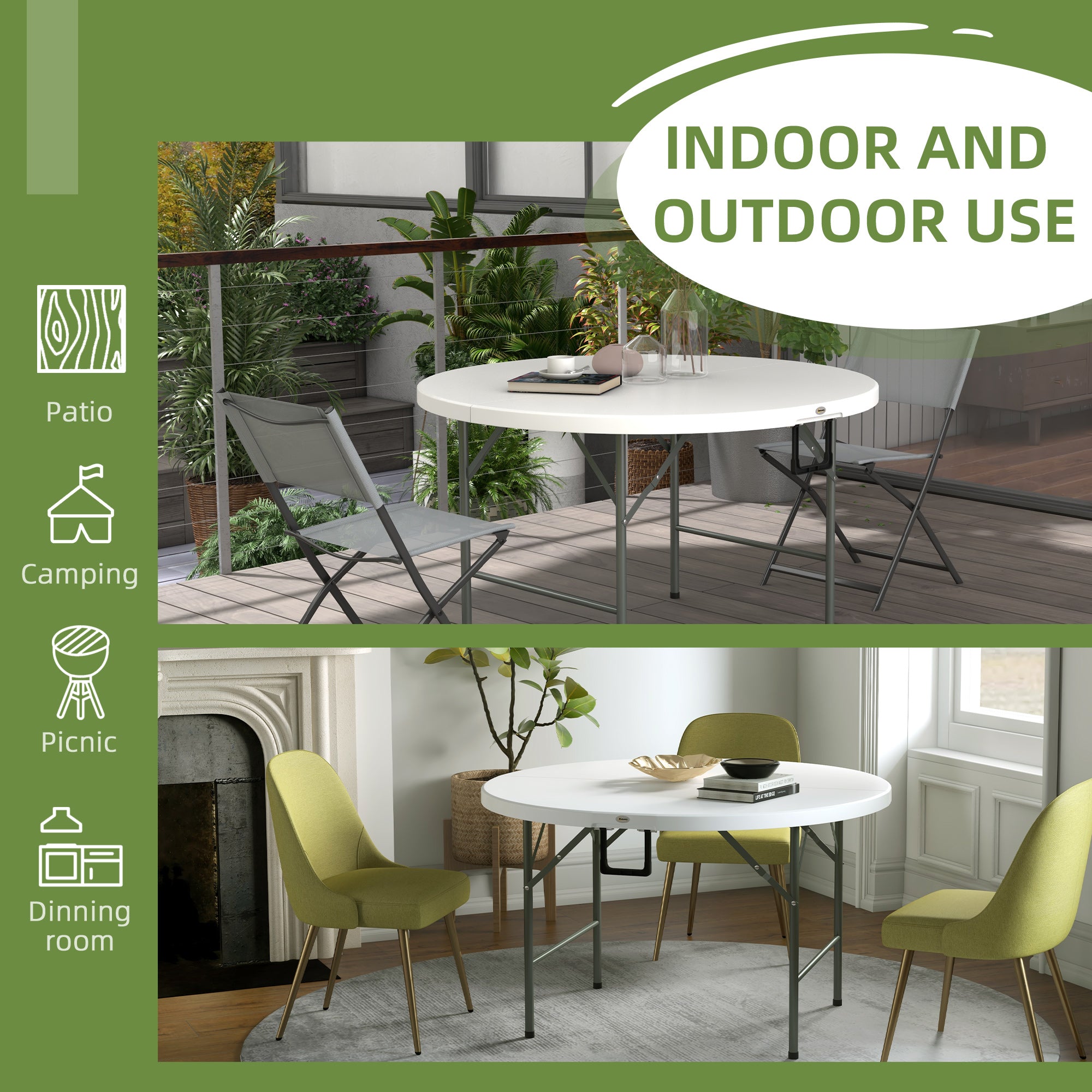 Outsunny \'ce\'a6122 Folding Garden Table, Outdoor HDPE Round Picnic Table for 6, Patio Table with Metal Frame, White