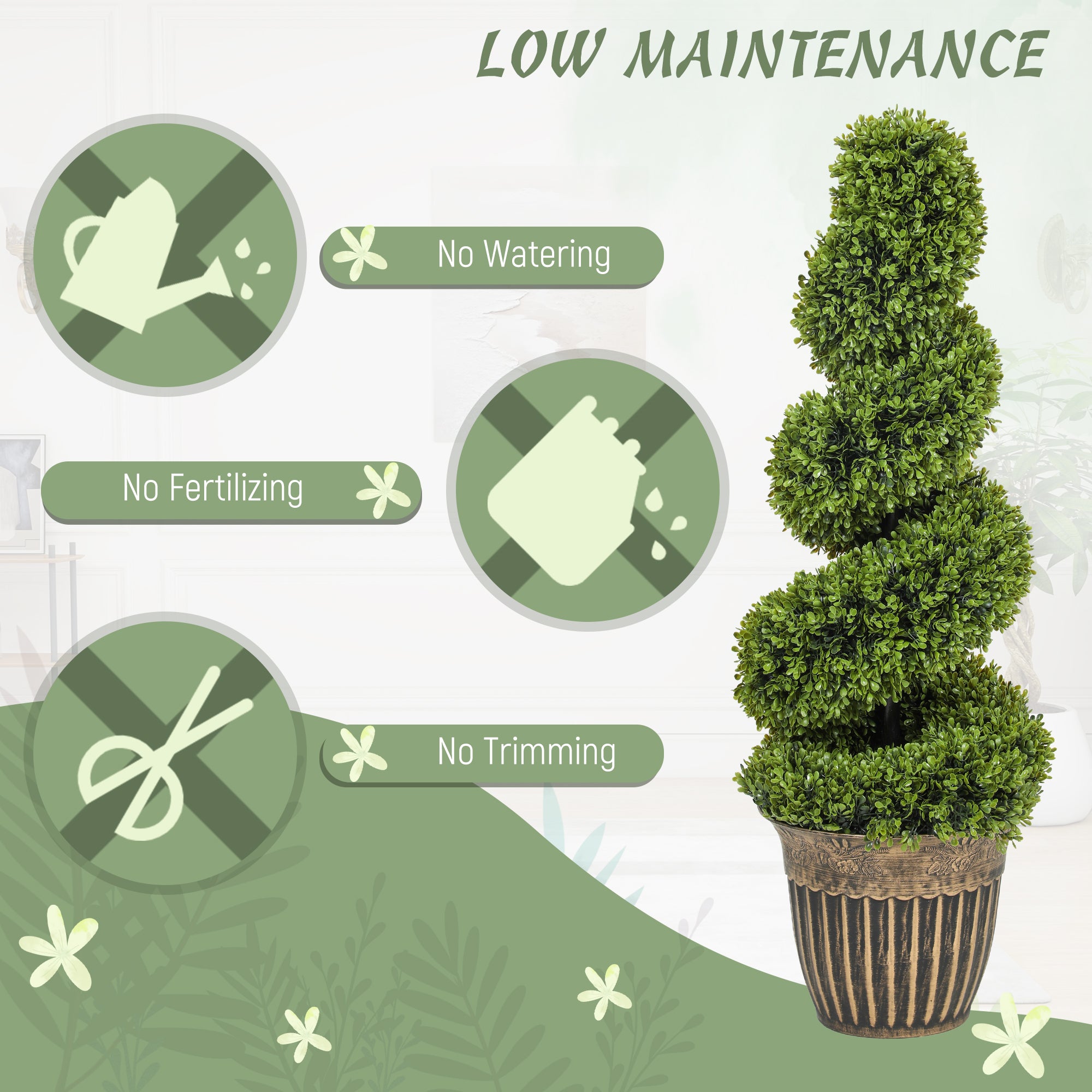 HOMCOM Set of 2 Artificial Plants, Topiary Spiral Boxwood Trees with Pot, for Home Indoor Outdoor Decor, 90cm