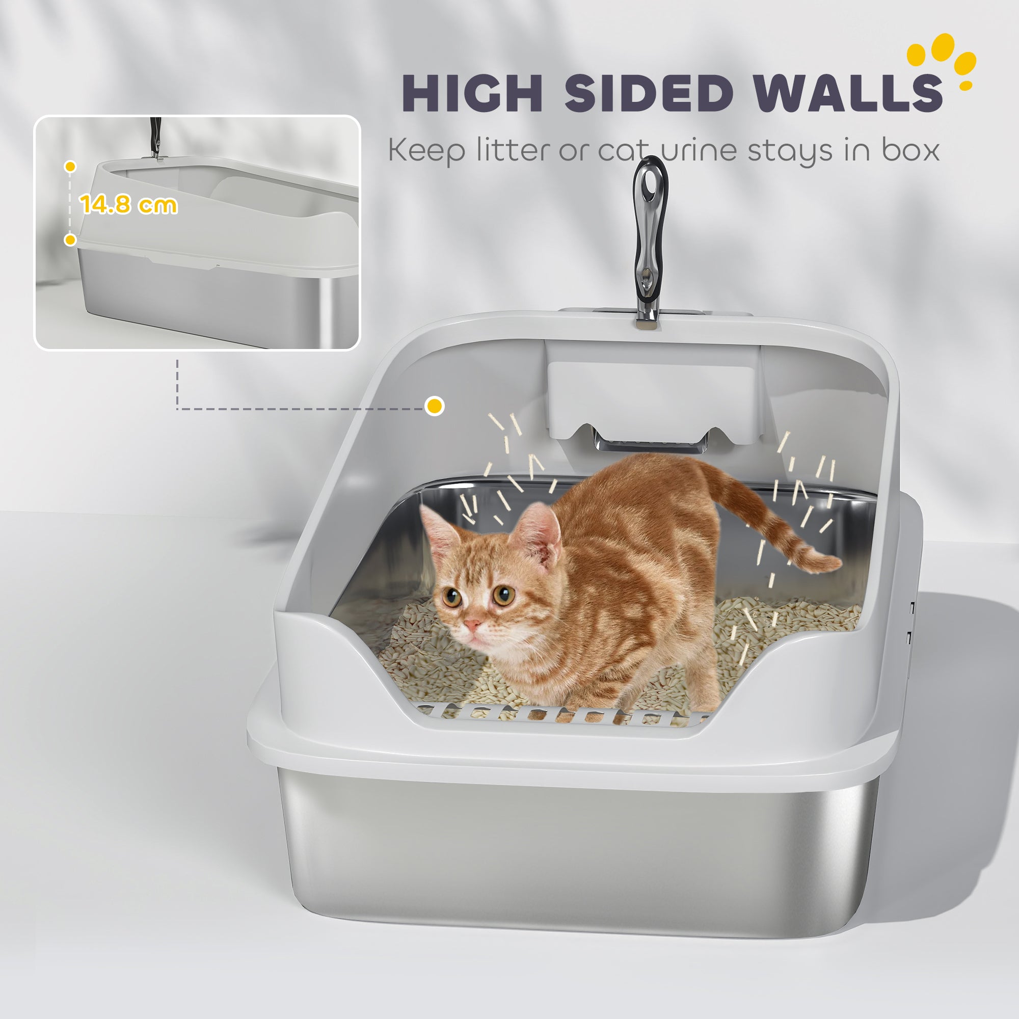 PawHut XL Stainless Steel Cat Litter Box with High Sides, Metal Scoop, 60 x 40 x 30 cm