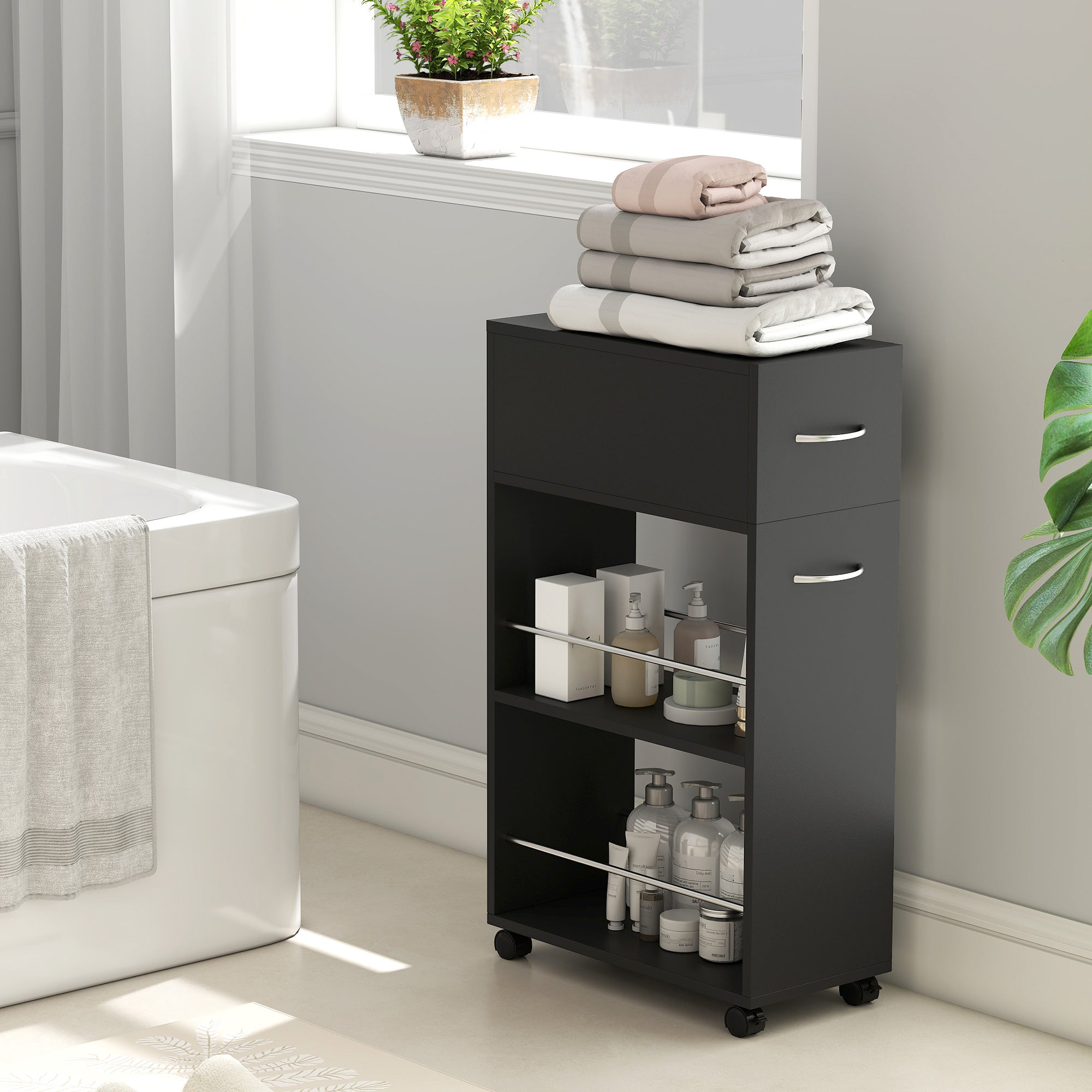 HOMCOM Rolling Storage Unit, 3-Tier Kitchen Cart Trolley with Drawer, Surface Top and 4 Universal Wheels, Black