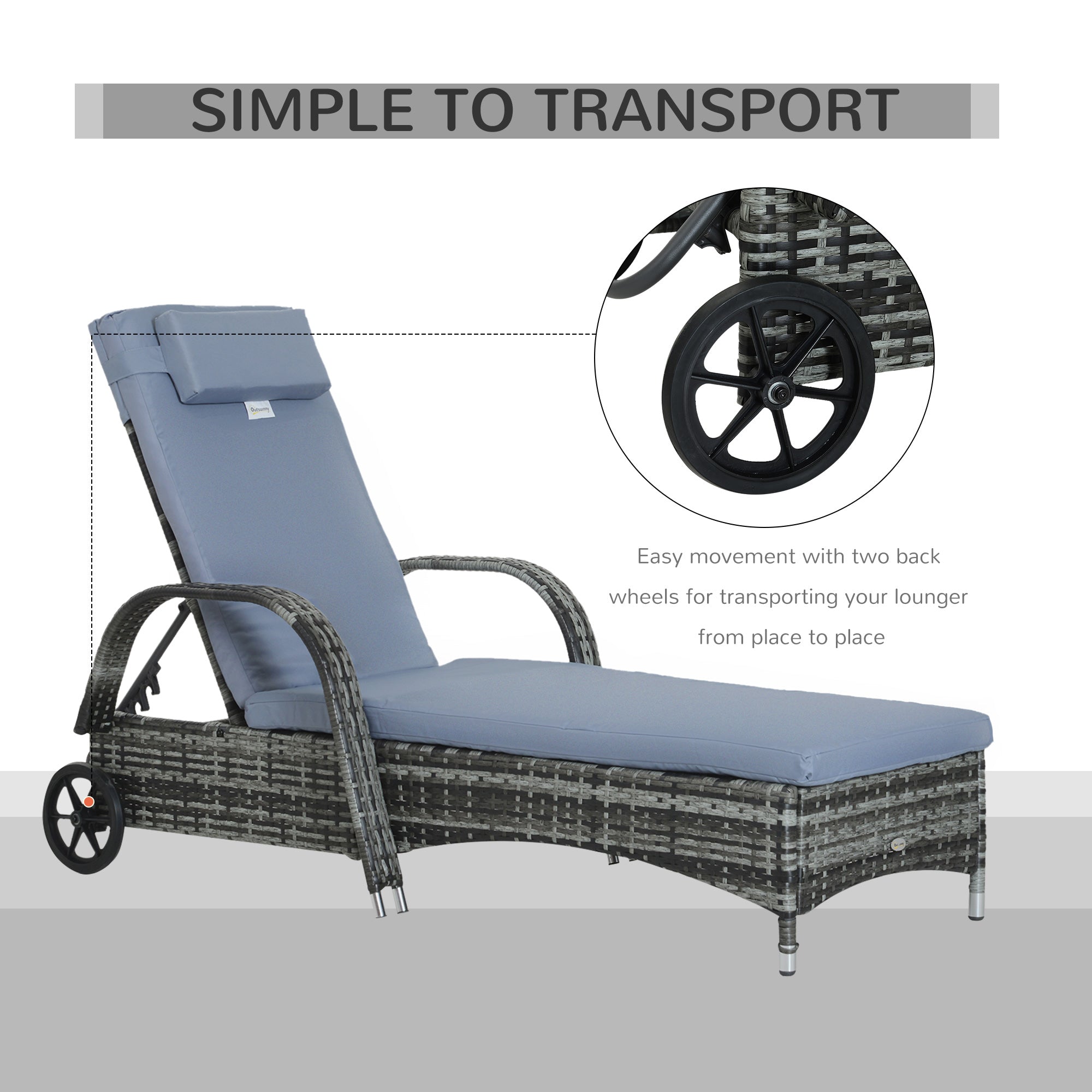 Outsunny 2PC Rattan Sun Lounger Recliner Bed Reclining Chair Patio Garden Outdoor Wicker Weave Adjustable Headrest with Fire Retardant Cushion \'e2\'80\'93 Grey