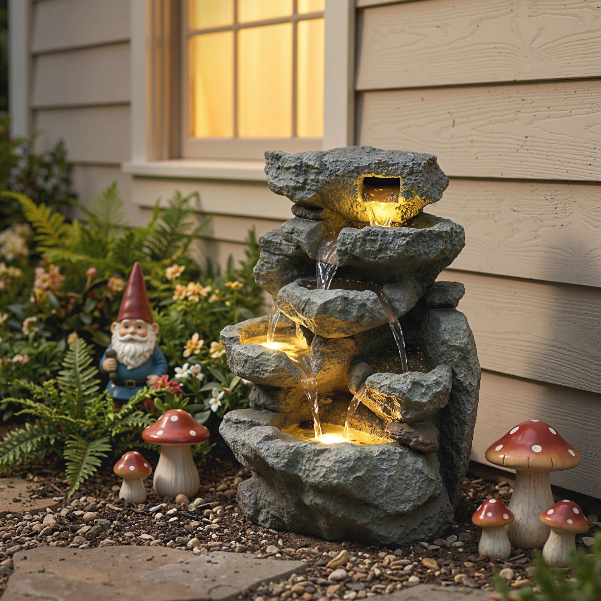 Outsunny Outdoor Fountain with 6-Tier Rock Design, Waterfall Feature with LED Lights, Resin Freestanding Garden Fountain, Grey