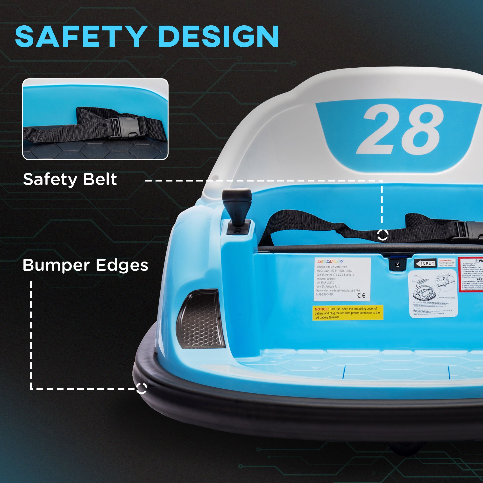 AIYAPLAY 360\'c2\'b0 Rotation Kids Bumper Car, 12V Waltz Car with Remote Control, Dual Joystick, Music, Lights, Light Blue