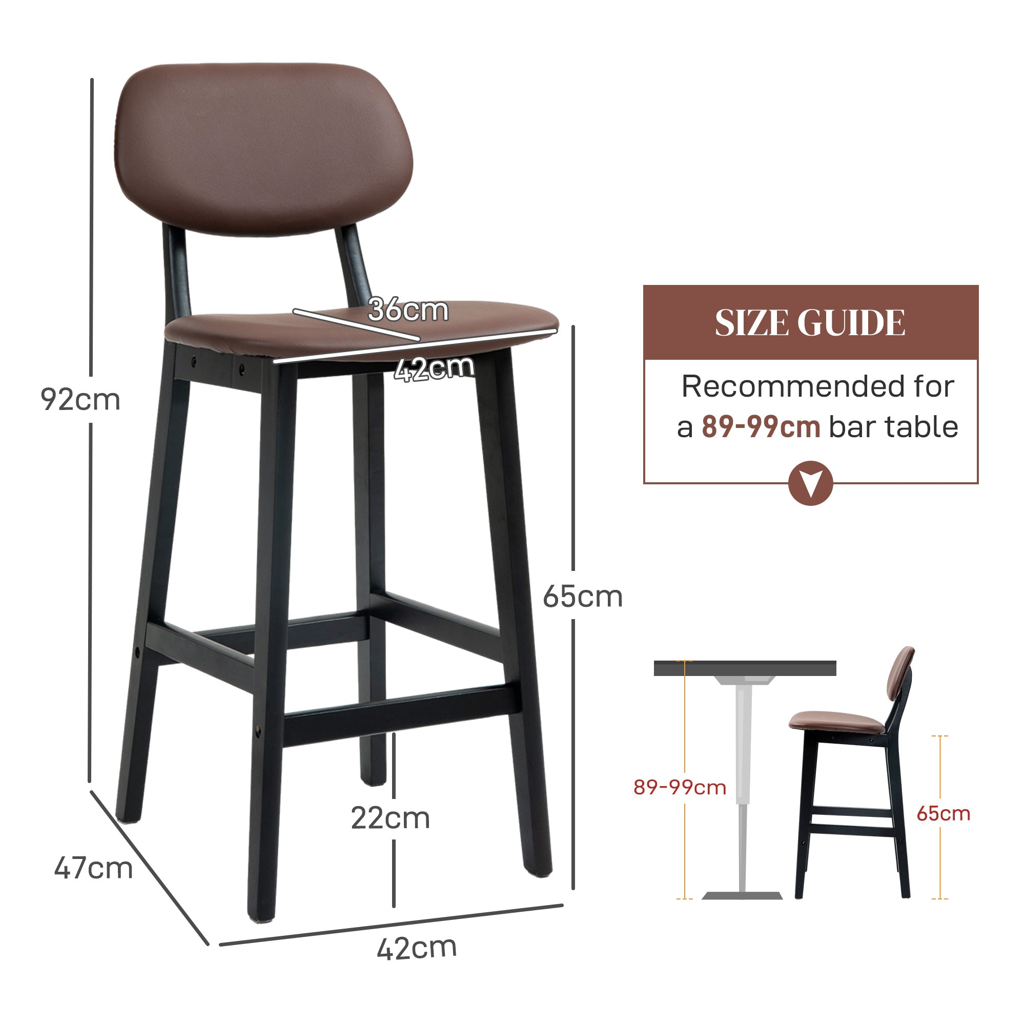 HOMCOM Bar Stools Set of 2, Contemporary Breakfast Bar Chairs, Faux Leather Upholstered Kitchen Stools with Backs and Solid Wood Legs, Brown