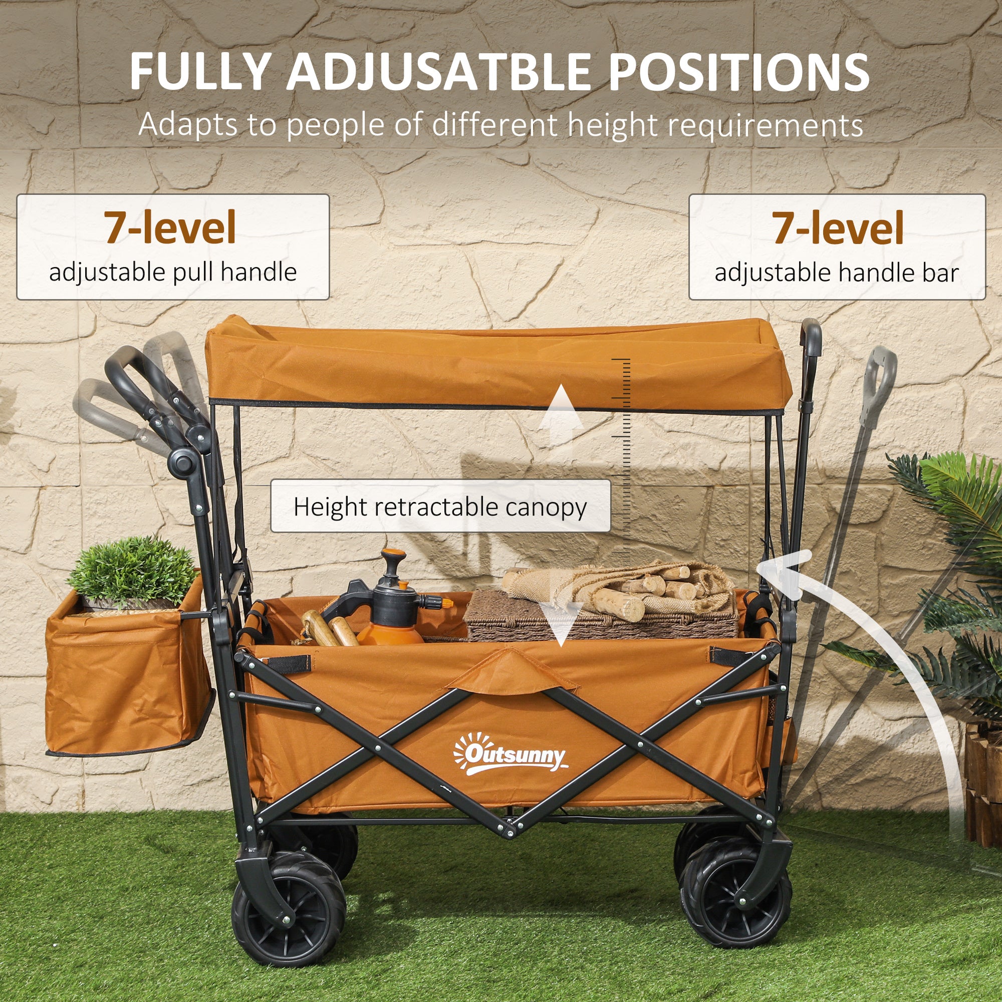 Outsunny Folding Trolley Cart Storage Wagon Beach Trailer 4 Wheels with Handle Overhead Canopy Cart Push Pull For Shopping Camping, Orange
