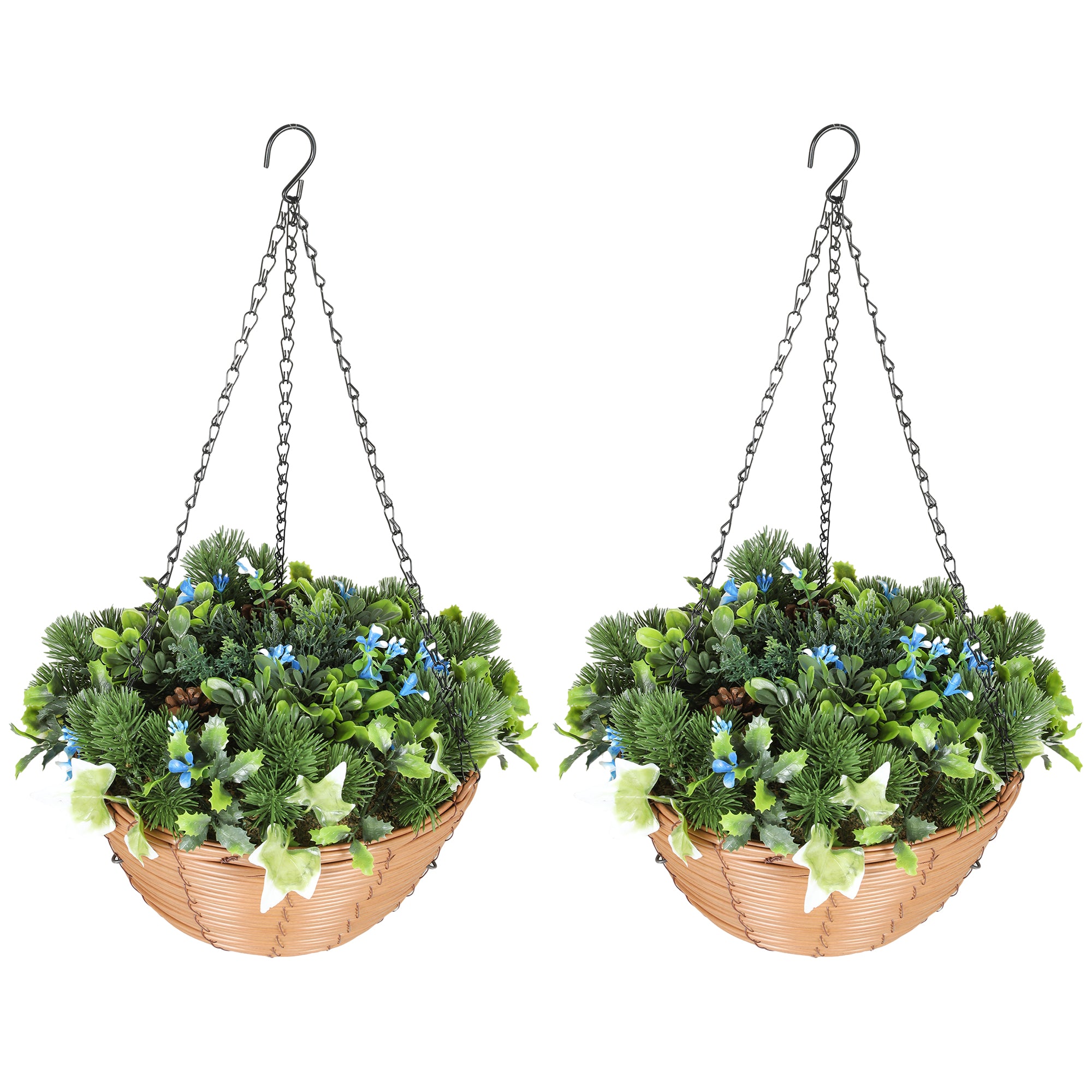 HOMCOM Pack of 2 Faux Plant Artificial Lisianthus Flowers, Hanging Planters with Basket, PE Leaves, 18 Flowers and 3 Pinecones, Decorative Faux Plants for Home Office Decor, Green