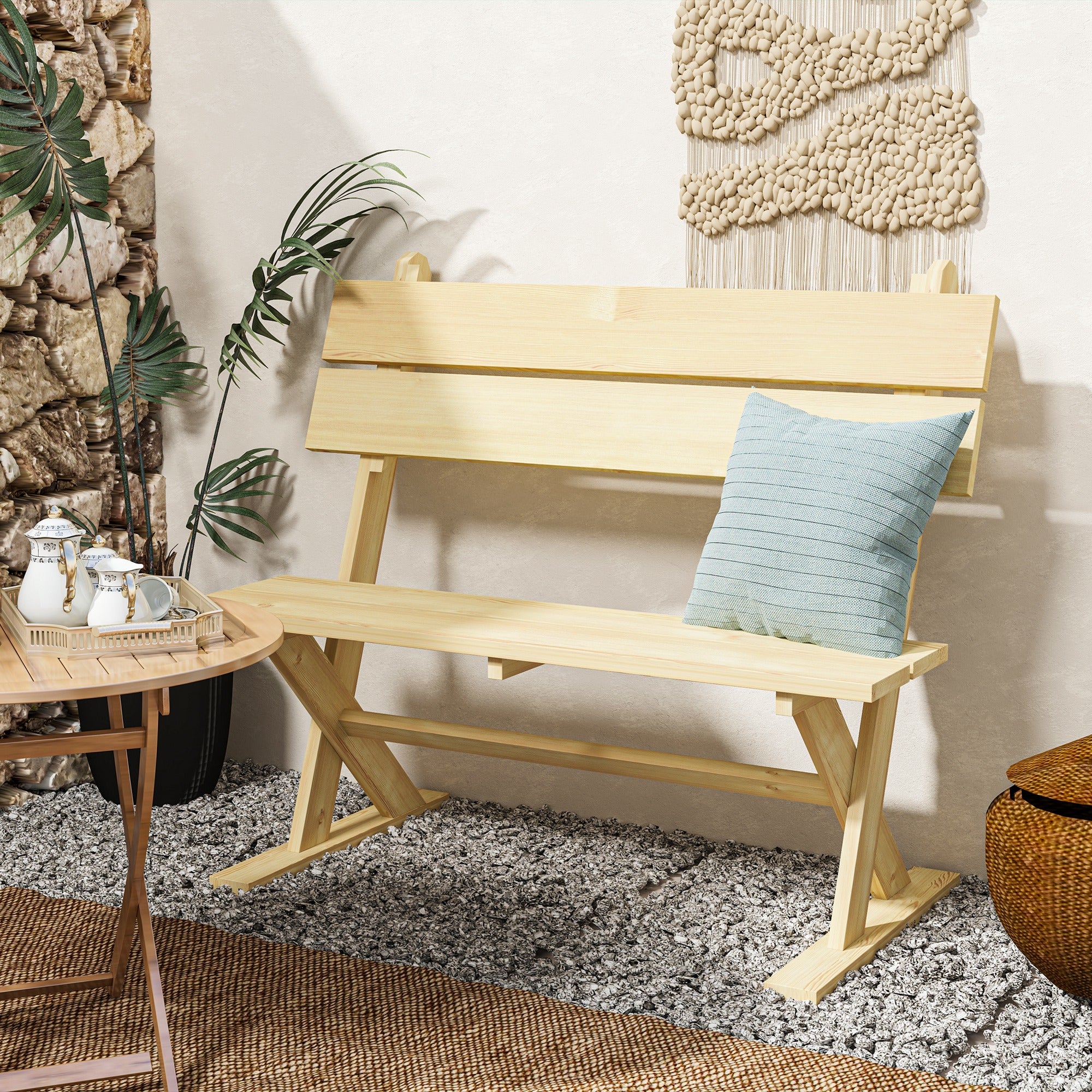 Outsunny 2 Seater Wooden Garden Bench, Fir Wood Outdoor Bench, Garden Loveseat with Slatted Seat, Sloping Back and Wide Feet for Patio, Park, Natural Wood Finish