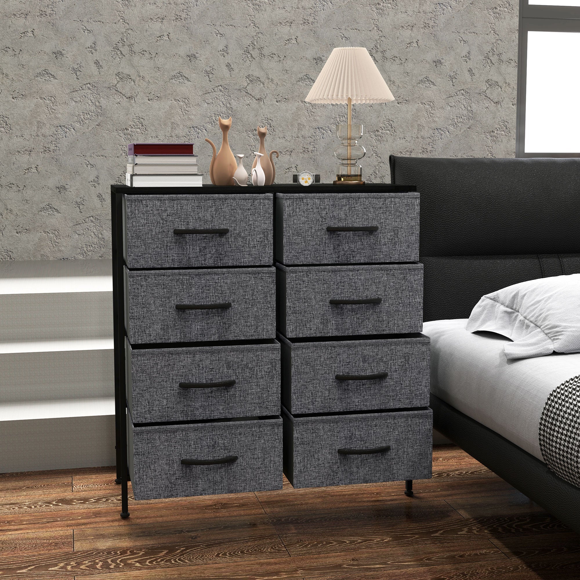 HOMCOM Fabric Chest of Drawers, Storage Drawers, Industrial Bedroom Dresser with 8 Fabric Drawers, Steel Frame and Wooden Top for Nursery, Living Room, Hallway, Black