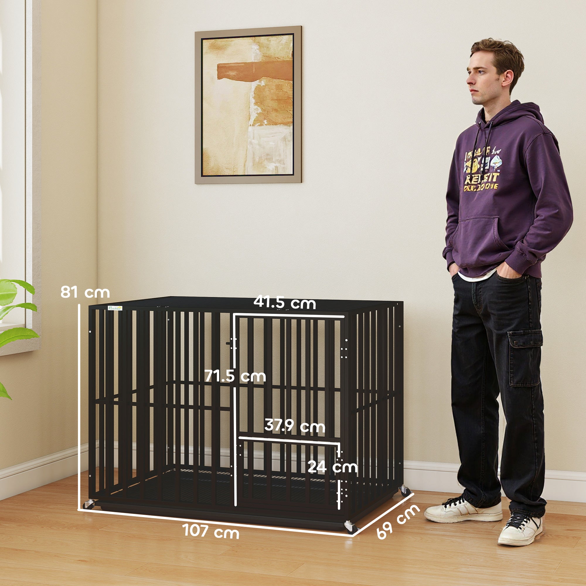 PawHut Heavy Duty Dog Crate, Dog Cage with Wheels for Medium Large Breeds, Metal Pet Kennel with Removable Tray