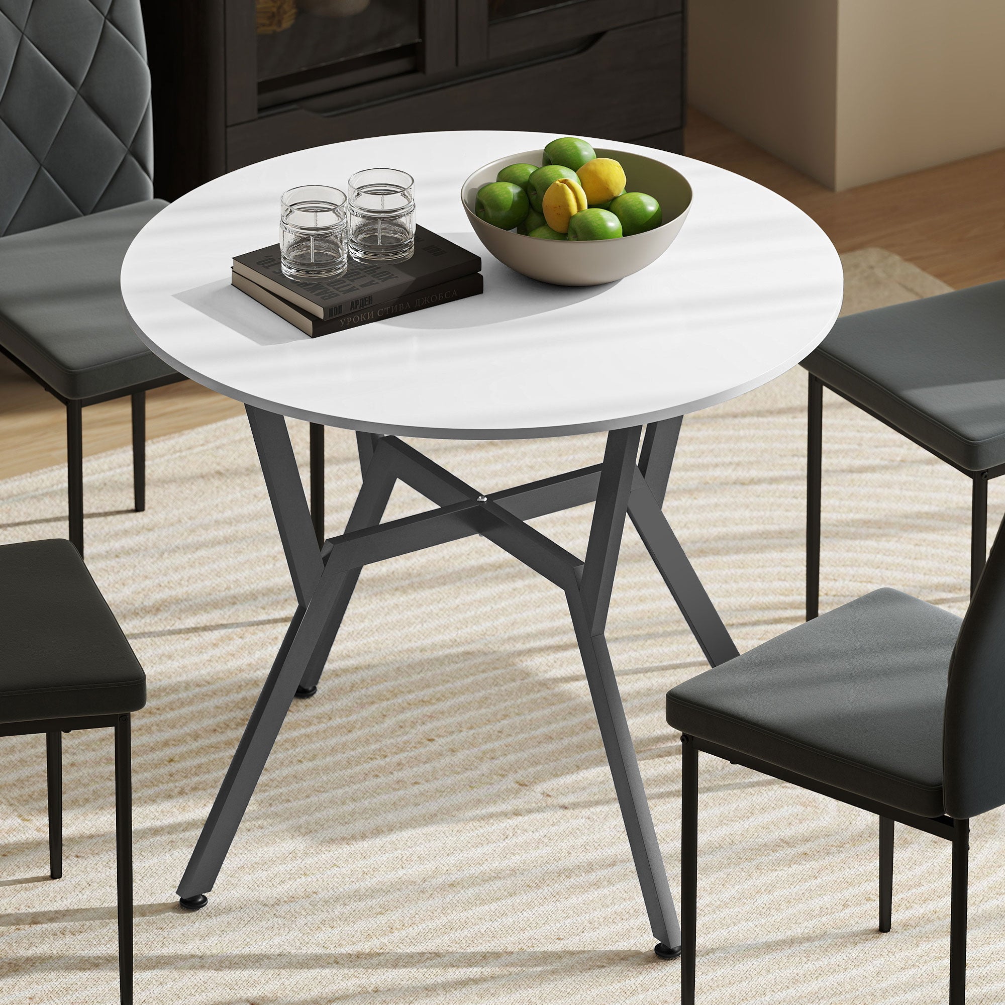 HOMCOM Dining Table, Round Kitchen Table with Black Legs for Living Room, Dining Room 90 x 76 cm, High Gloss White