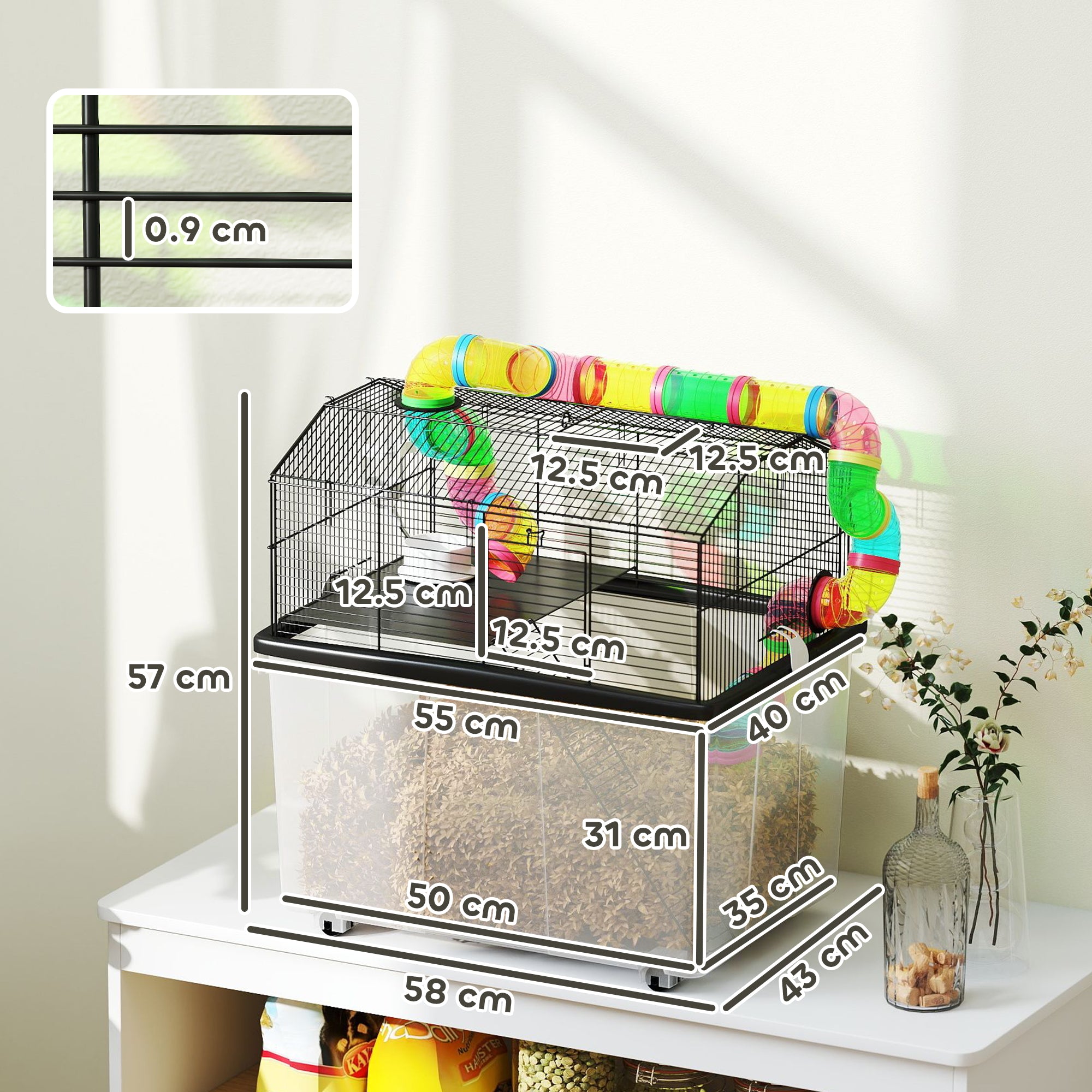 PawHut 2 Tier Hamster Cage with 31cm Deep Tray, Tube System, Water Bottle, Ramp, Feeding Bowl, 58 x 43 x 57cm, Multicolour