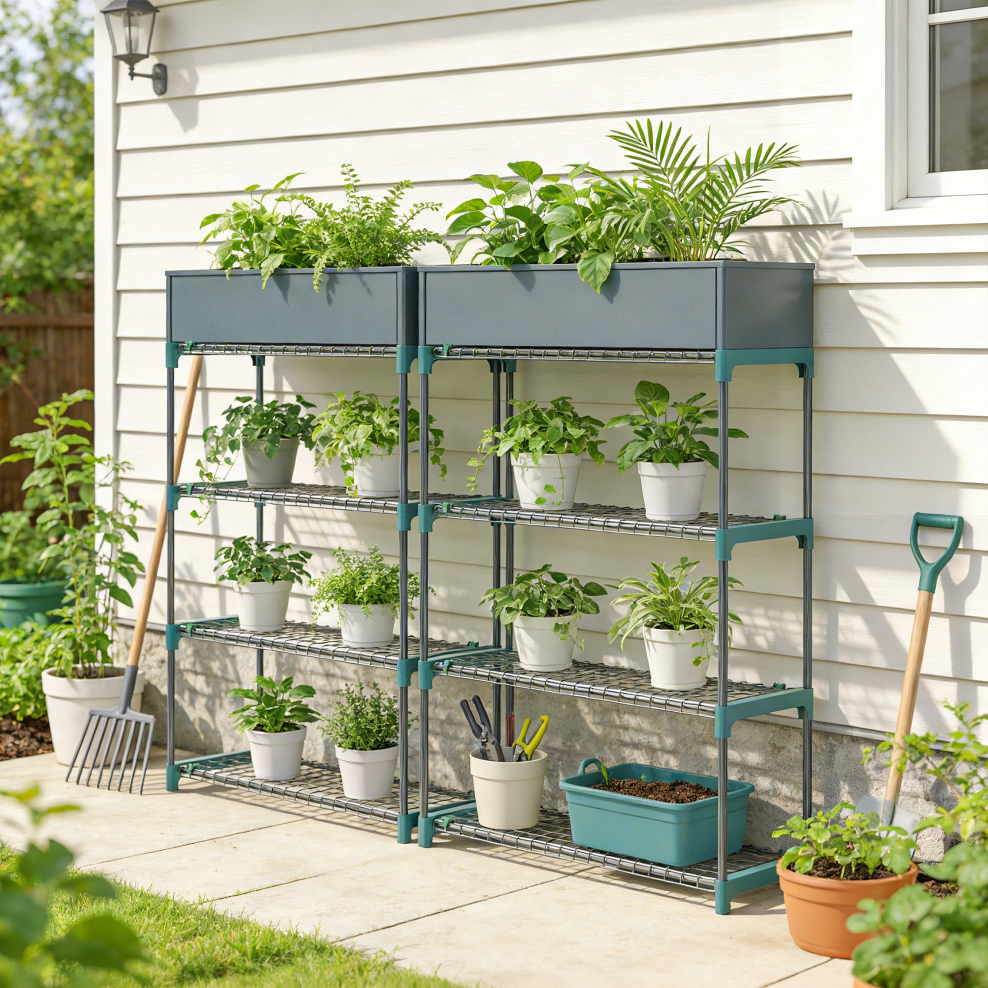 Outsunny 4-Tier Plant Stand Indoor Outdoor, Set of 2 Metal Plant Shelf with Rack Buckles for Easy Assembly, Flower Display Rack