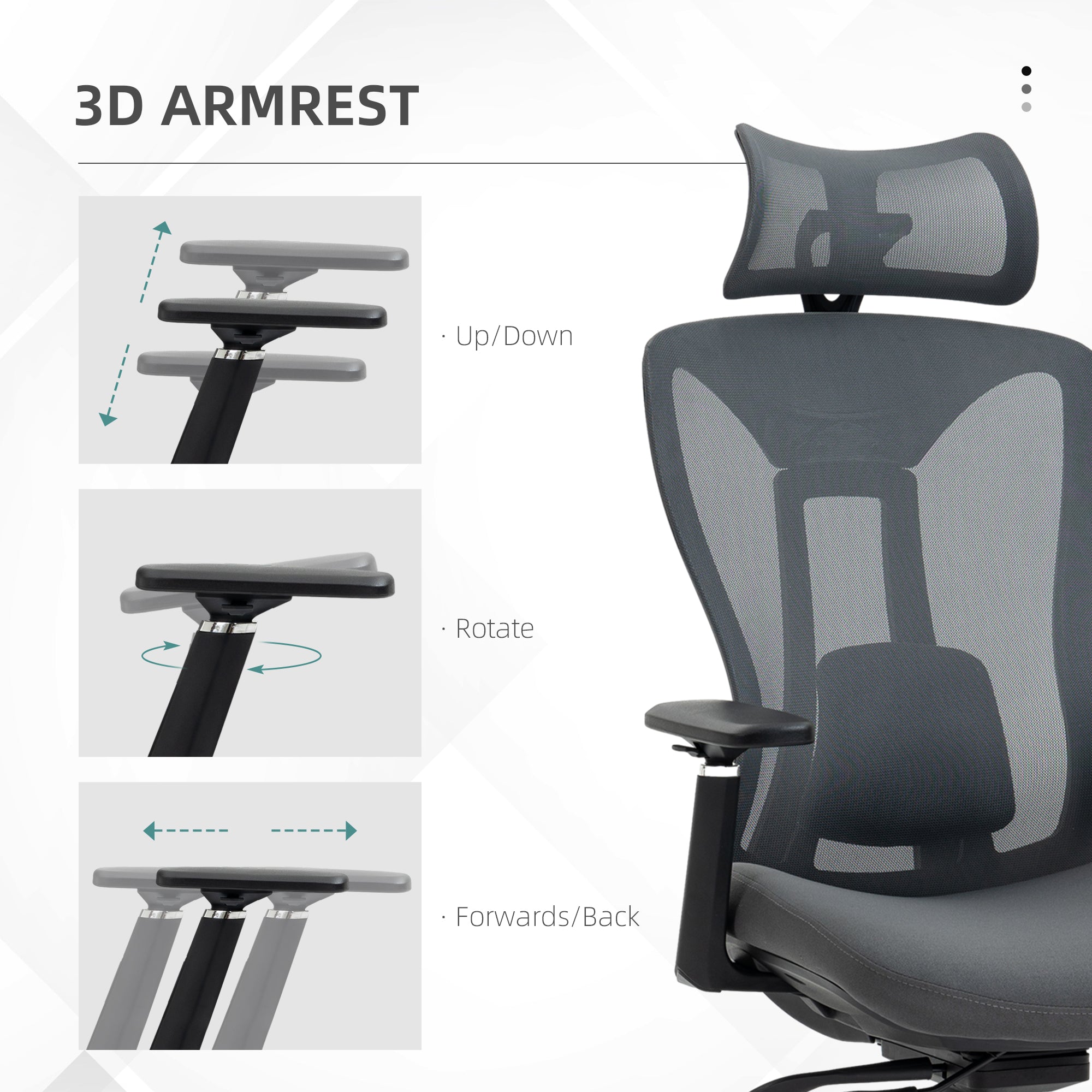 Vinsetto Mesh Office Chair, Ergonomic Desk Chair, Computer Chair with Adjustable Headrest and Lumbar Support, 135\'c2\'b0 Reclining Back and 3D Armrest for Home Office Study, Grey