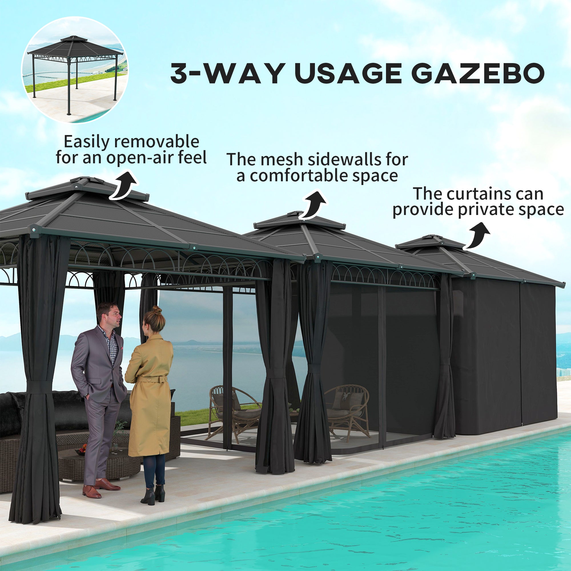 Outsunny 3 x 3 (m) Outdoor Polycarbonate Gazebo, Double\'c2\'a0Roof Hard Top Gazebo with\'c2\'a0Galvanised Steel Frame, Nettings\'c2\'a0&\'c2\'a0Curtains for Garden, Lawn, Patio and Deck, Dark Grey