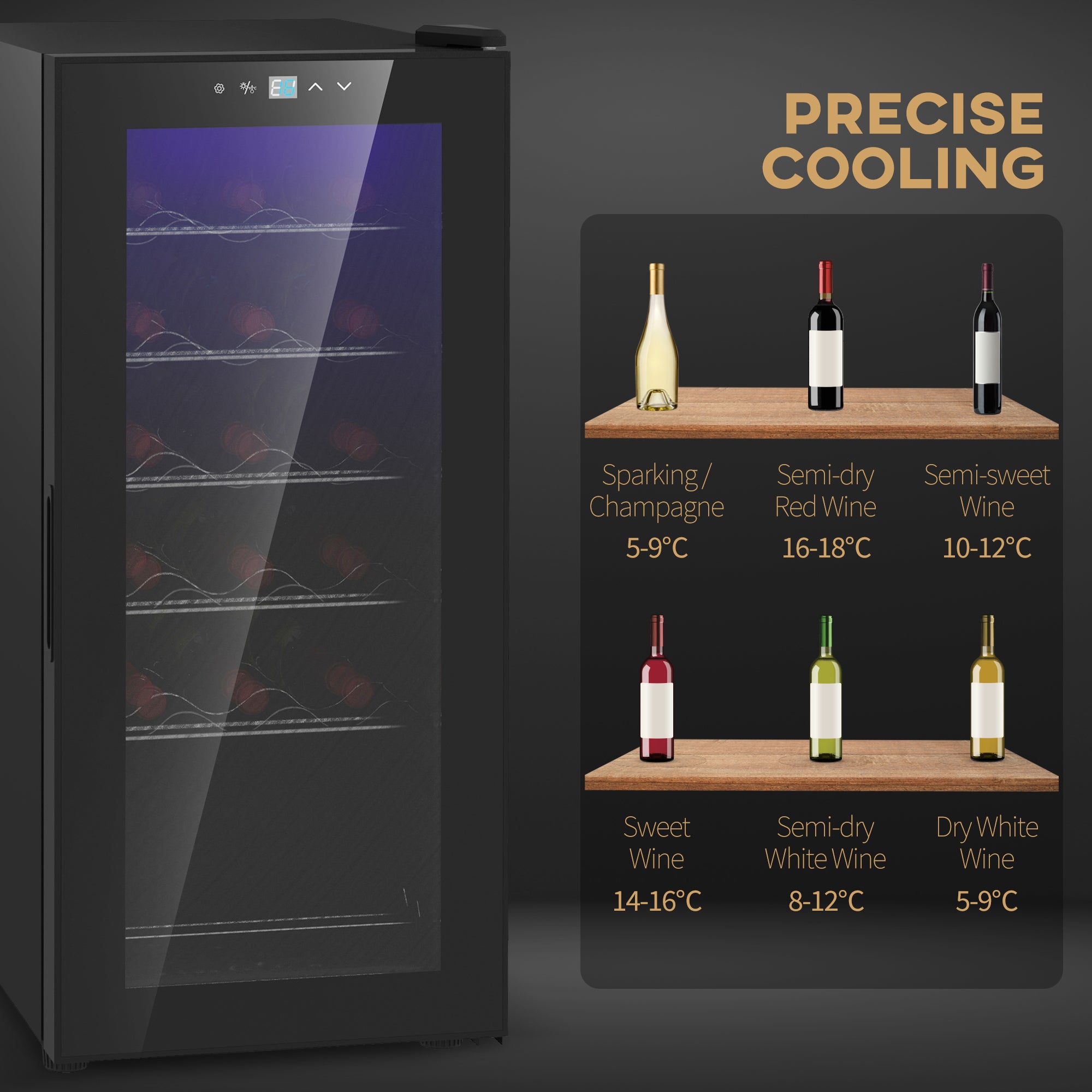 HOMCOM 50L Wine Cooler, 18 Bottles Freestanding Wine Fridge with Glass Door, LED Light, Temperature Control and Digital Touch Screen, Black