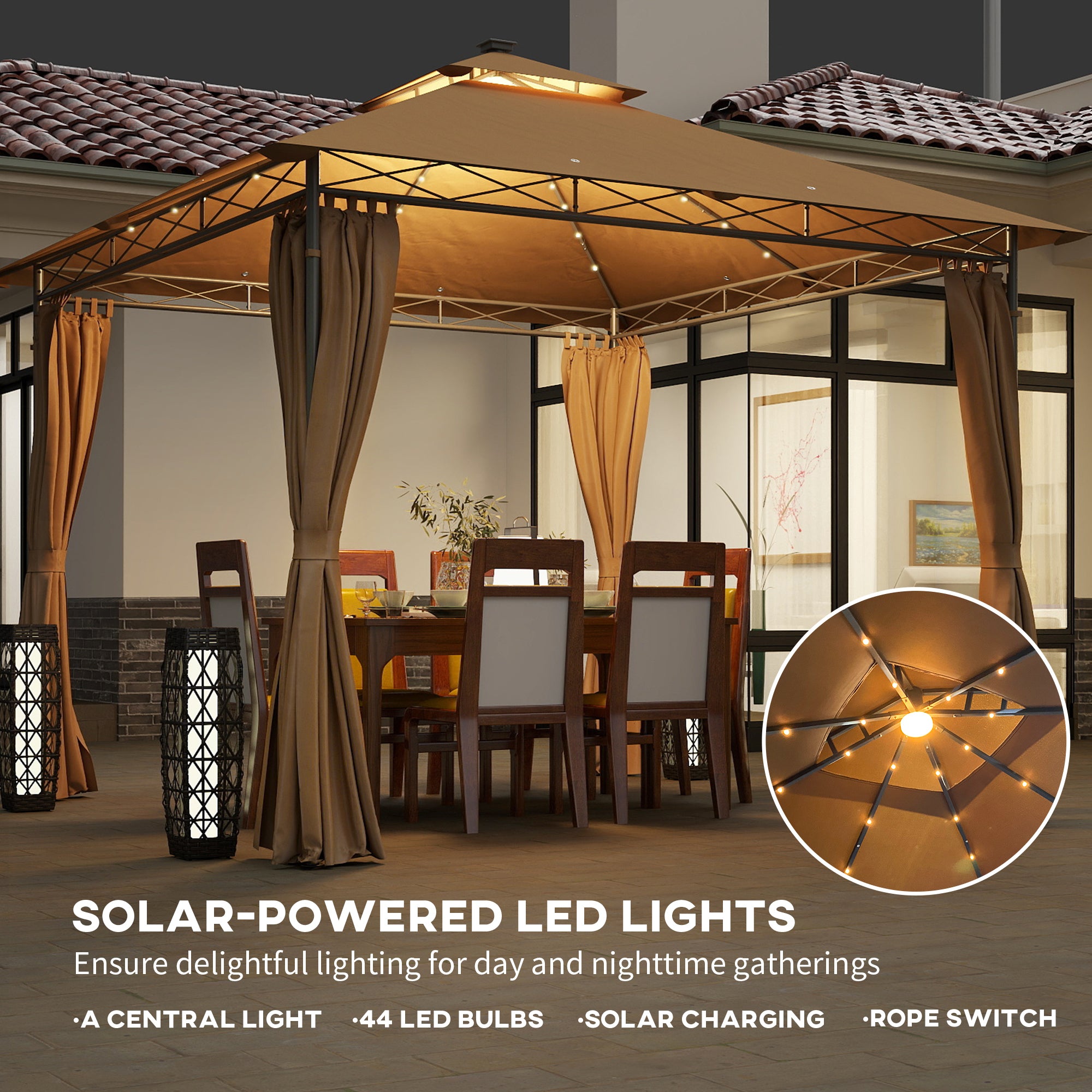 Outsunny 3 x 3 m Garden Gazebo, Double Roof Metal Gazebo with Curtains and Solar-Powered LED Lights, Outdoor Gazebo Canopy Shelter for Patio, Deck, Brown