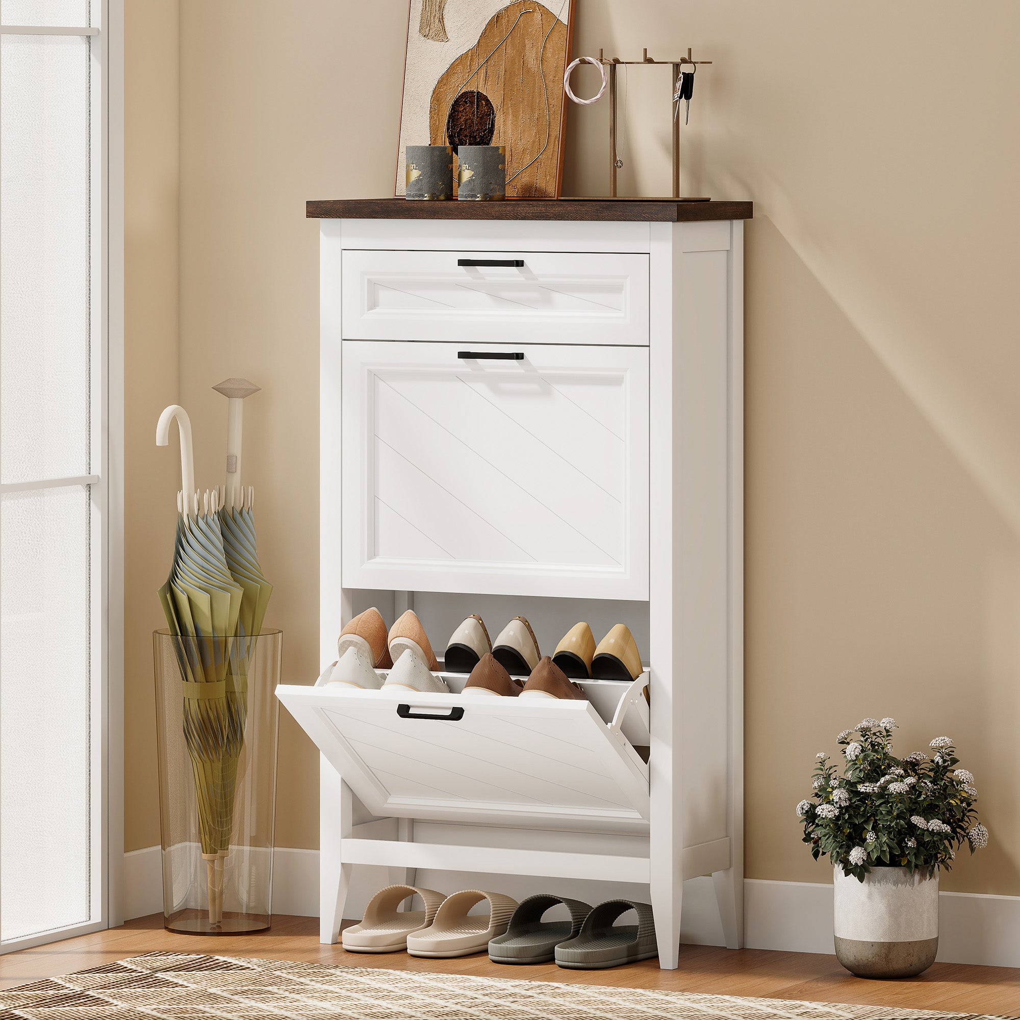 HOMCOM Shoe Cabinet with 2 Flip Drawers, Farmhouse Narrow Shoe Storage Cabinet with Adjustable Shelves, White