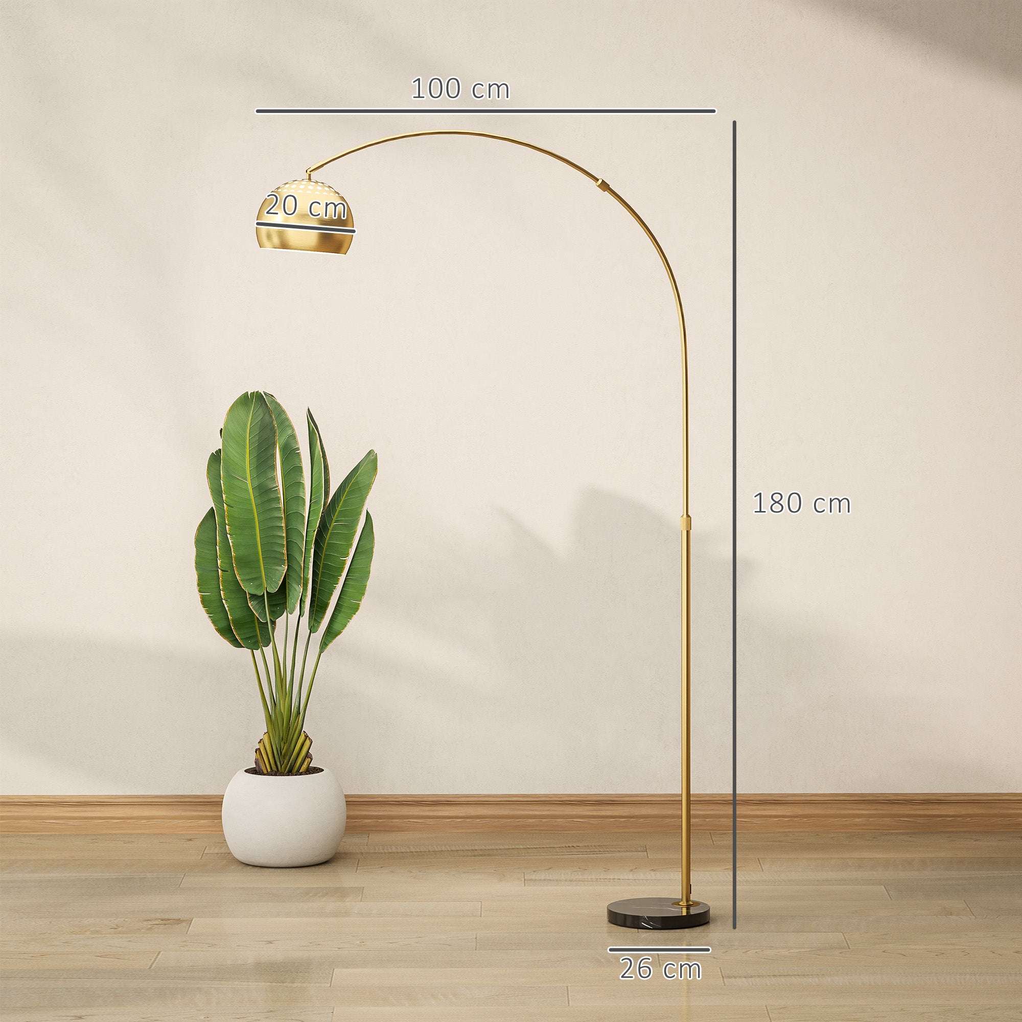 HOMCOM 180cm Arc Floor Lamp for Living Room, Home Offices, Bedrooms, Modern Standing Lamp with Foot Switch, Faux Black Marble Base and Bell Shade, Gold Tone