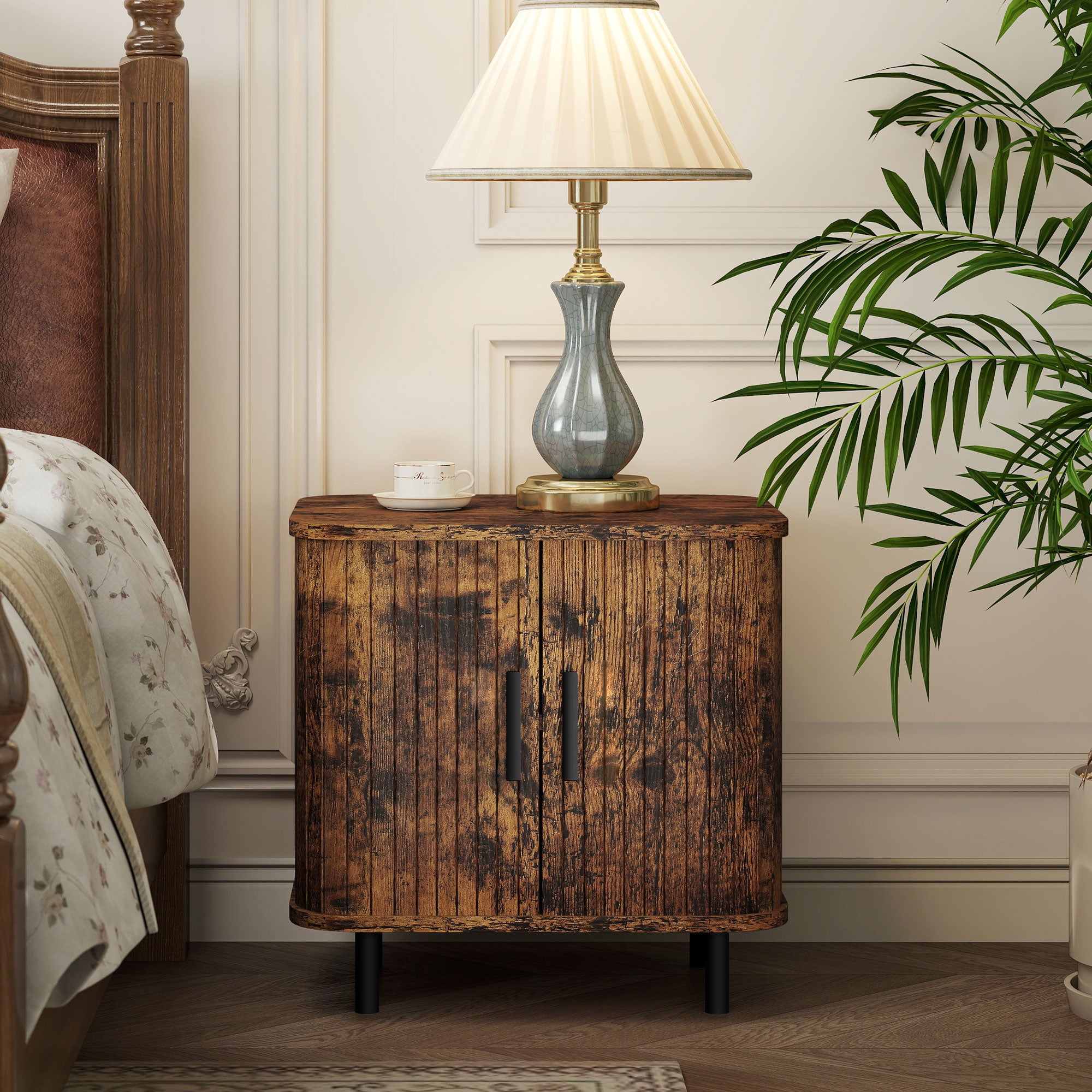 HOMCOM Bedside Table, Nordic Side Table with Roller Shutter Style Sliding Doors and Metal Legs for Bedroom, Living Room, Rustic Brown