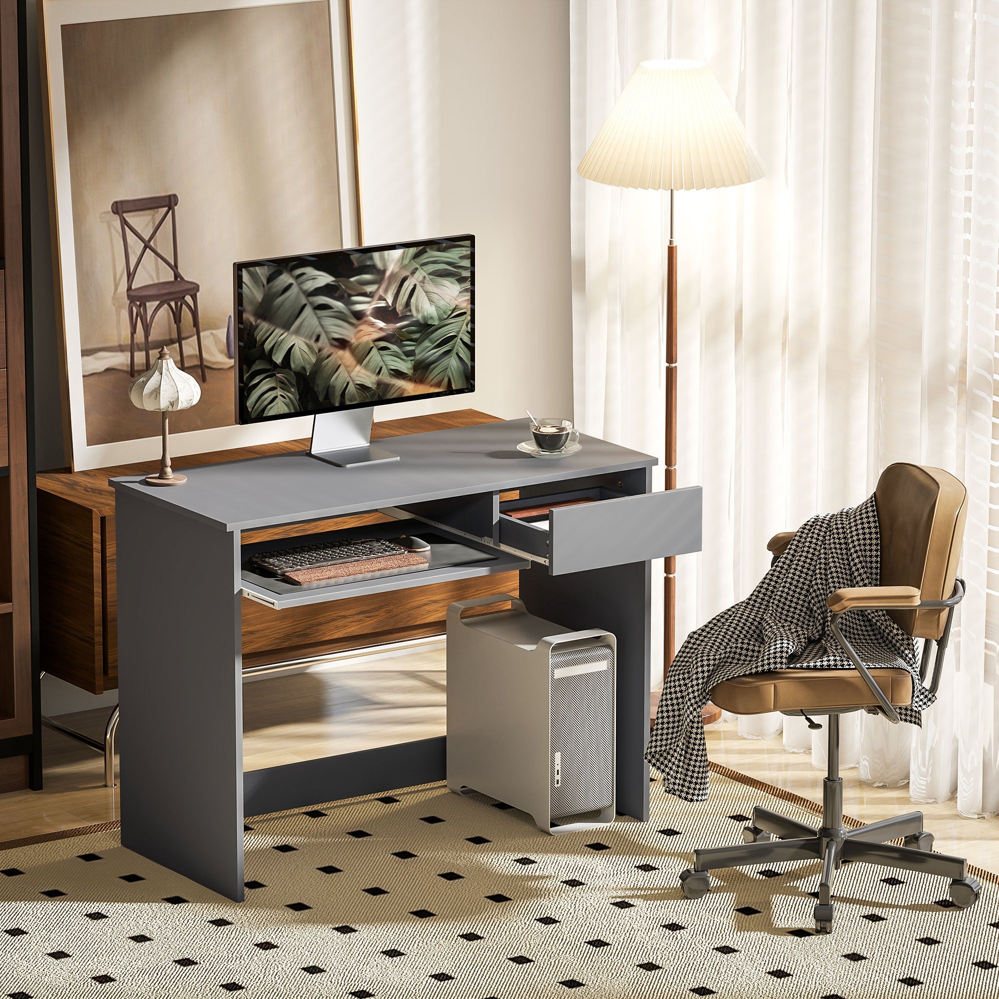 HOMCOM Compact Computer Desk with Keyboard Tray, Home Office Desk with Drawer for Bedroom Study, Grey