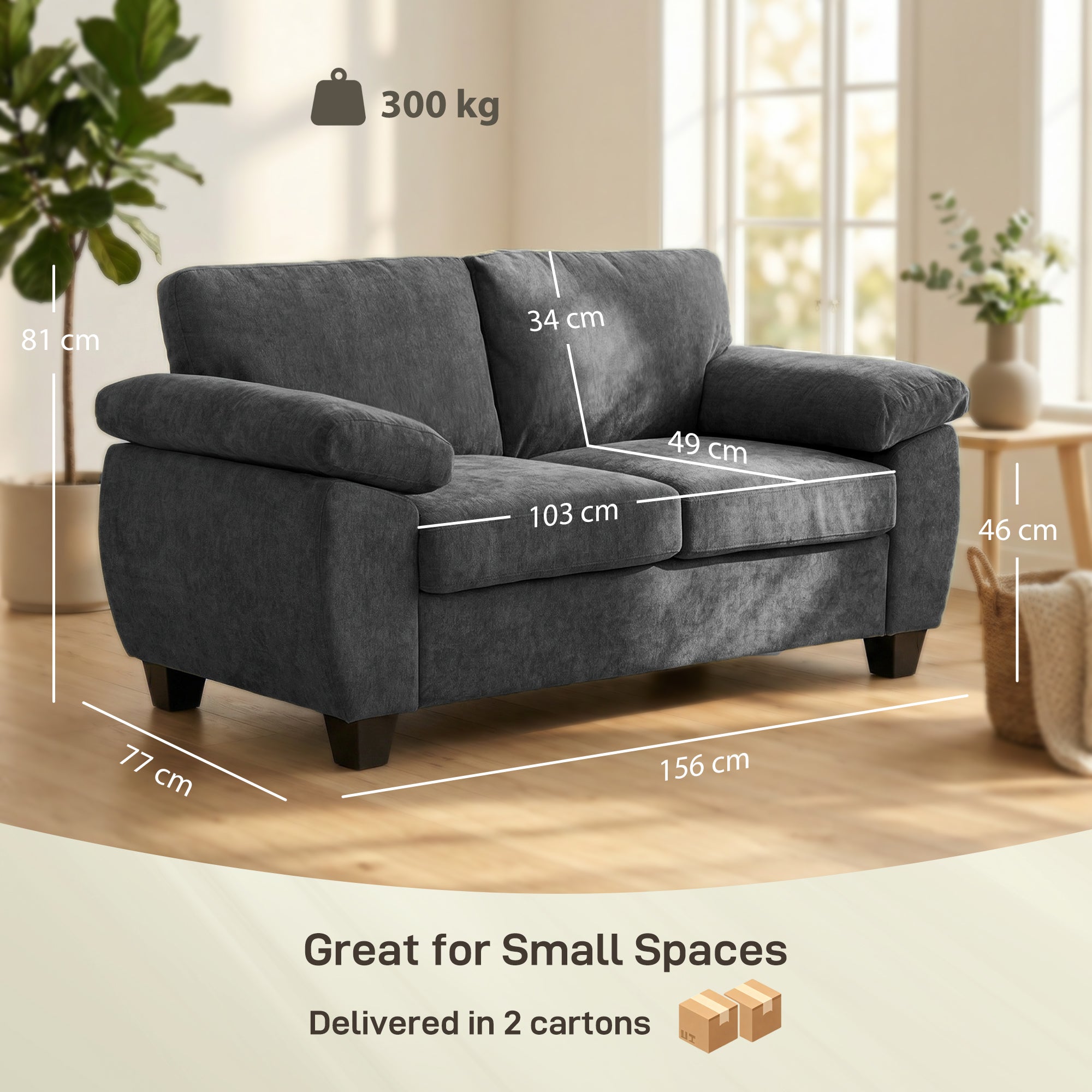HOMCOM 2 Seater Sofa, 156cm Chenille Loveseat Sofa, Dark Grey