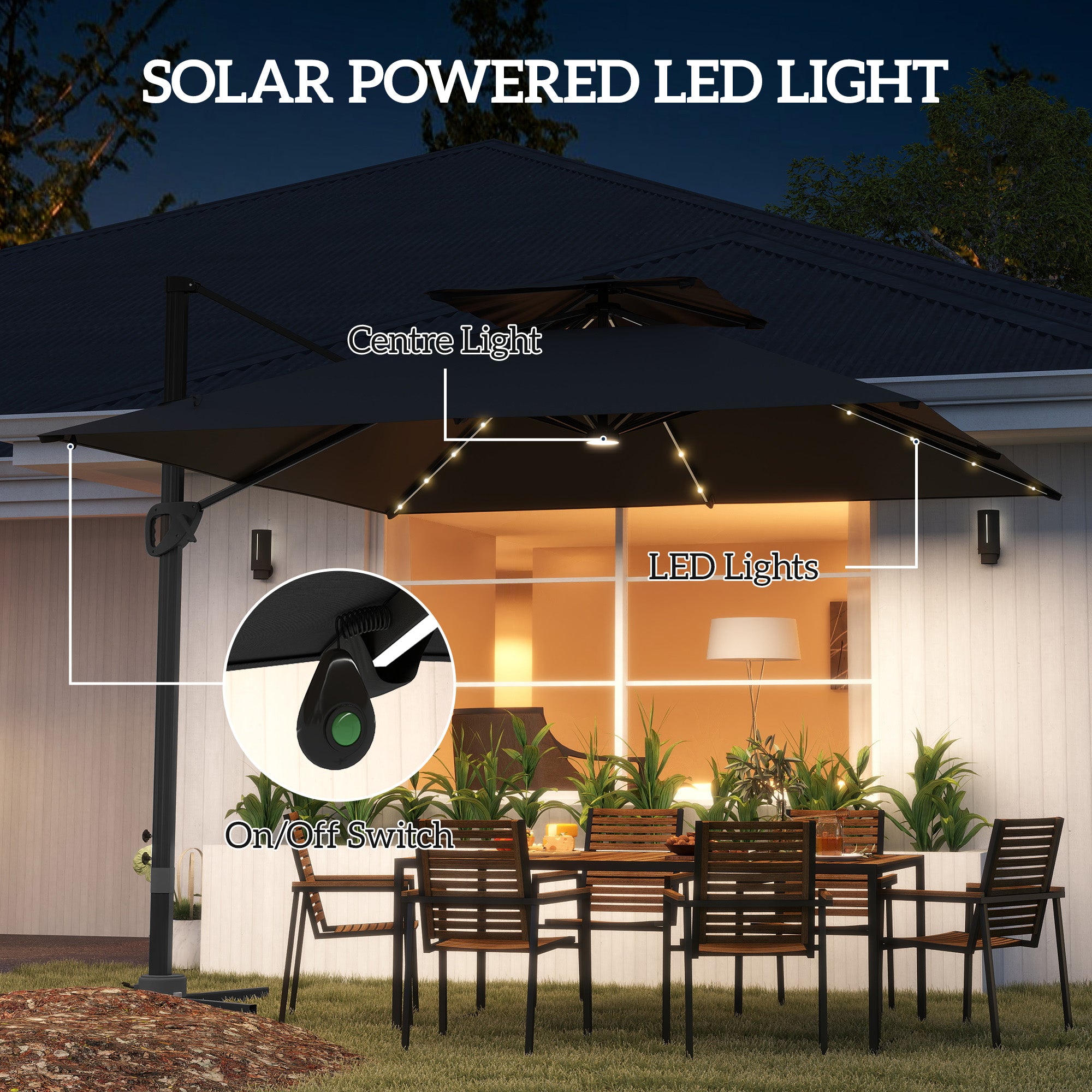 Outsunny 3.5x3 m Garden Cantilever Parasol with Solar LED Lights and Centre Light, UPF50+ Aluminium Patio Umbrella with 360° Rotation and Tilt, Hanging Sun Shade with Cross Base, Crank Handle, Black