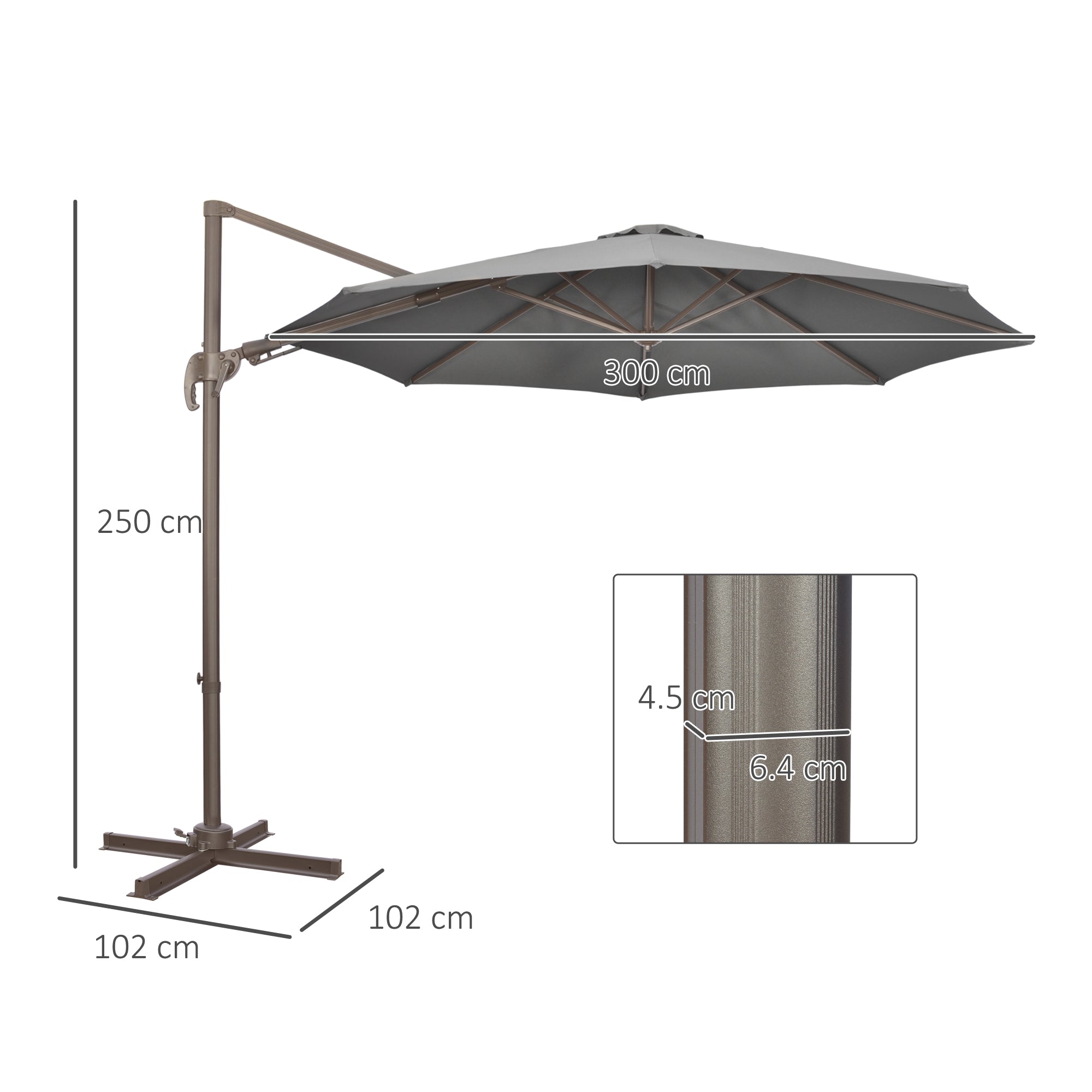 Outsunny 3(m) Cantilever Parasol 360\'c2\'b0 Rotation Roma Umbrella Hanging Sun Shade with Aluminium Frame, Tilt Crank, 8 Ribs and Cross Base, Dark Grey