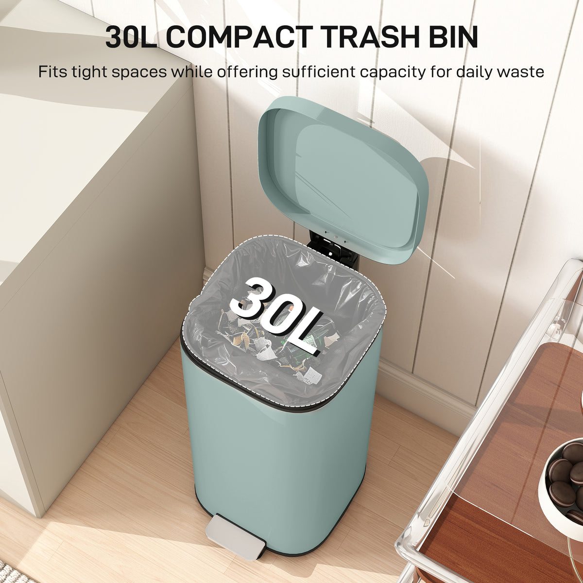 HOMCOM 30L Kitchen Bin, Compact Pedal Bin with Soft-Close and Stay-Open Lid, Removable Bucket for Kitchen, Home, Office, Green