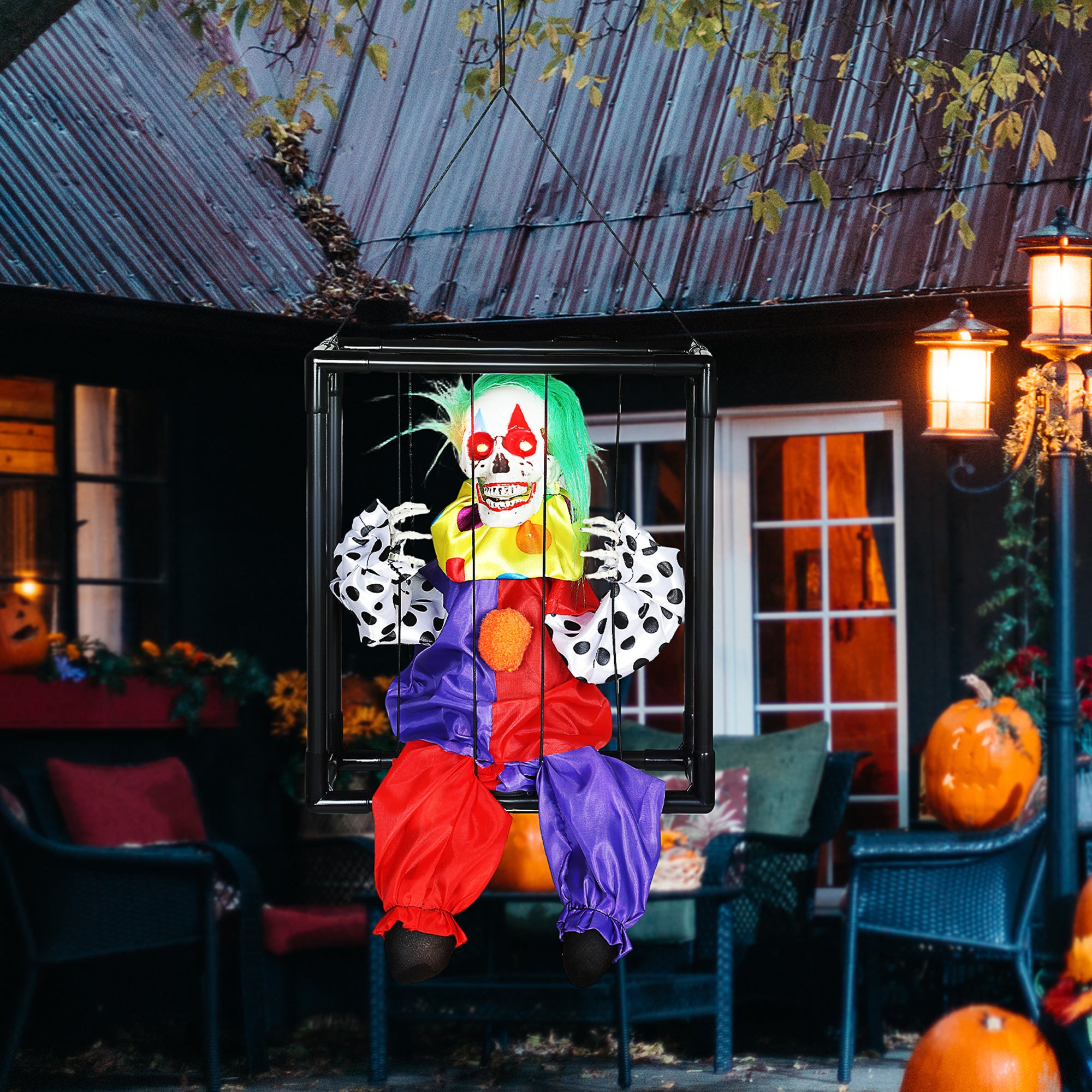 Outsunny Halloween Animated Hinging Clown in Cage with Glowing LED Eyes, Spooky Clown Scary Halloween Decorations, Battery Operated, Indoor Party Props