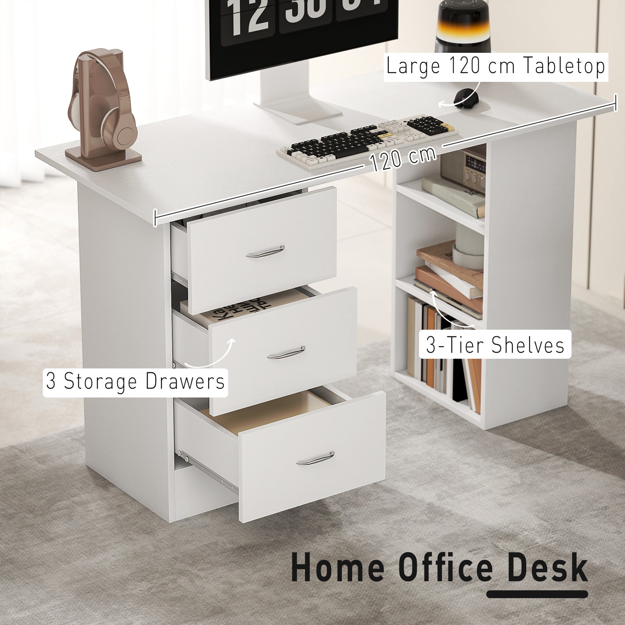 HOMCOM Computer Desk, Writing Table, PC Workstation with 3 Storage Shelves and Drawers, Silver Handle, for Home Office, White