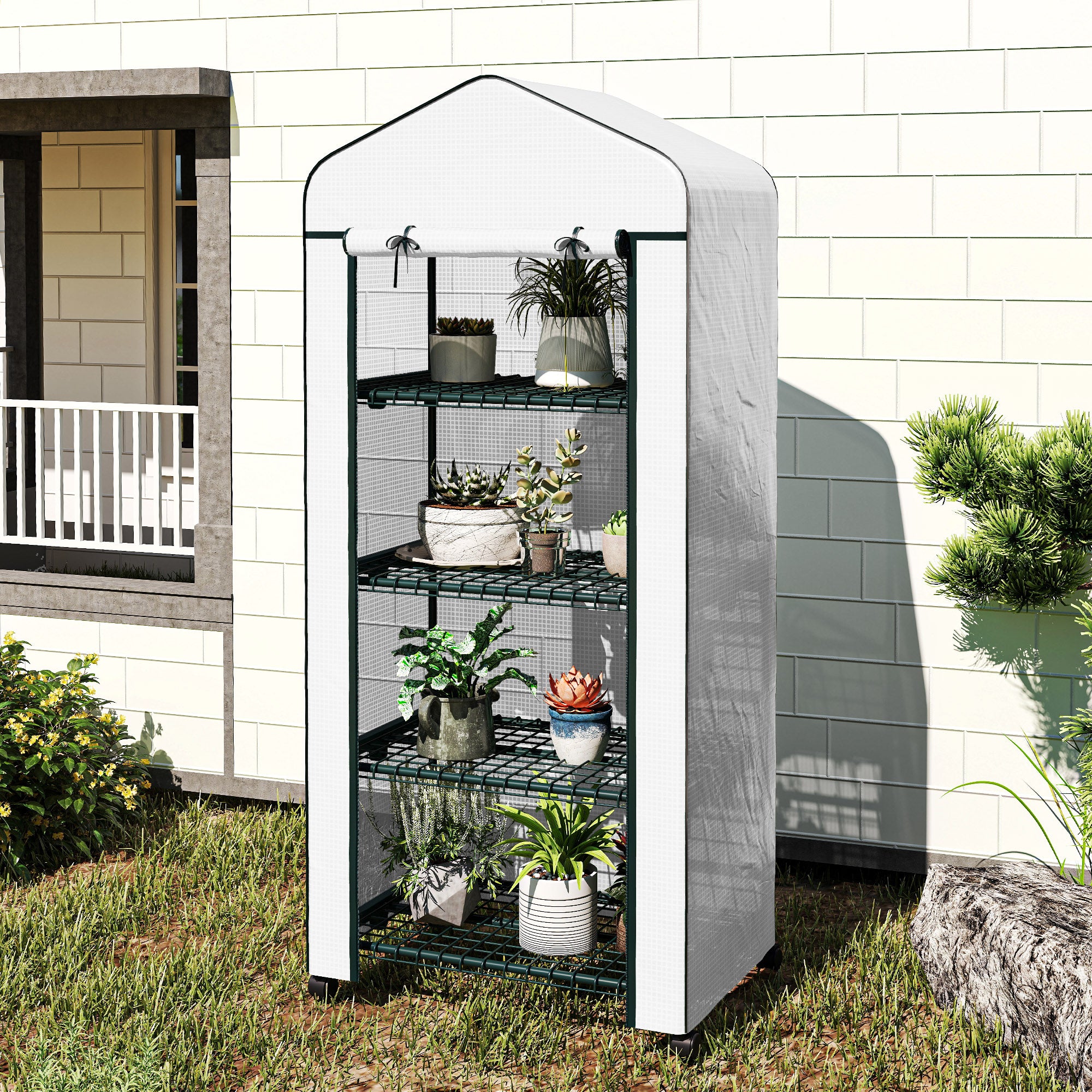 Outsunny 4 Tier Mini Portable Greenhouse Compact Plant Grow Shed Metal Frame PE Cover with Lockable Rolling Wheels, White