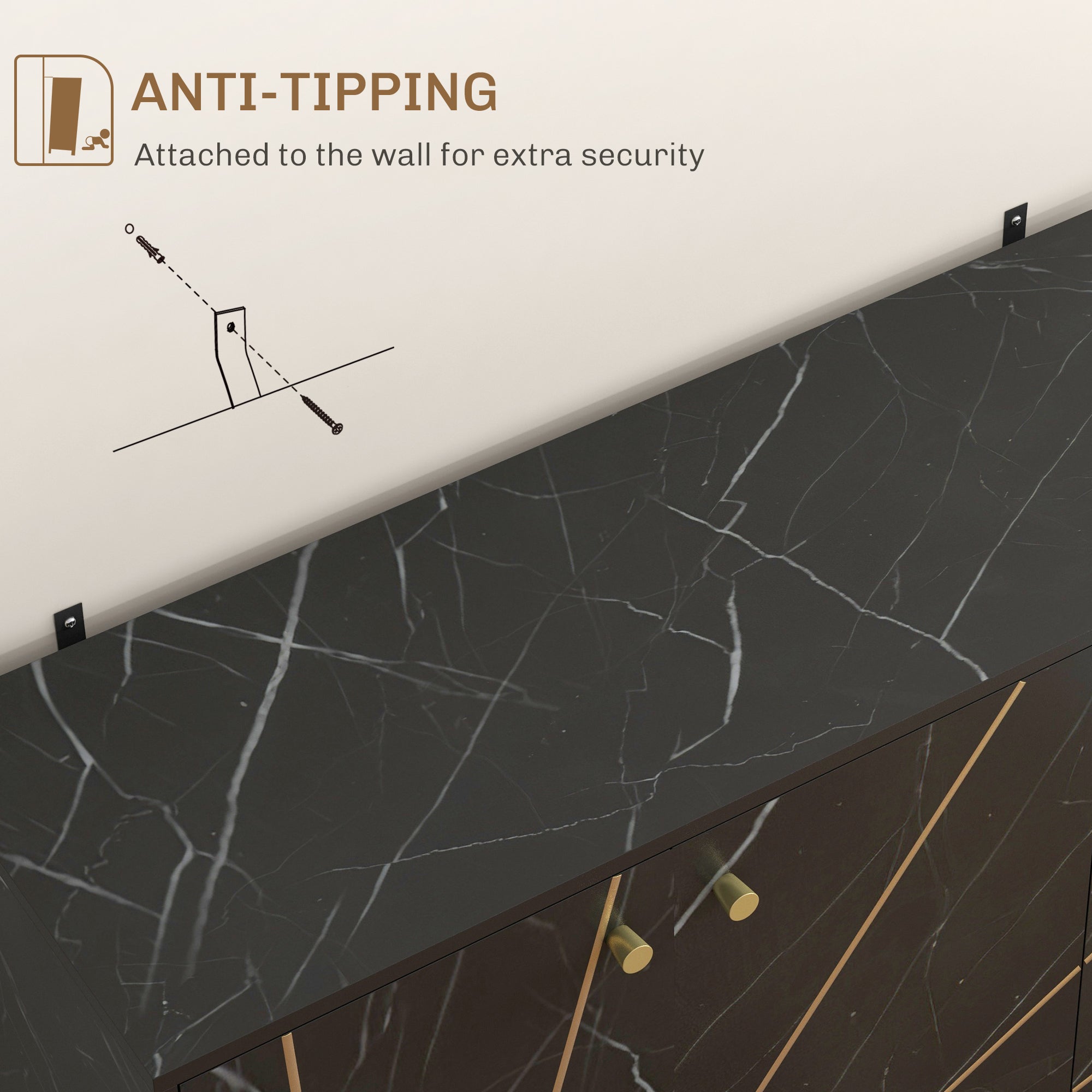 HOMCOM Sideboard Storage Cabinet, Modern Storage Cupboard with Adjustable Shelves and Metal Legs for Living Room, Kitchen, Dining Room, Entryway, Black Marble Tone