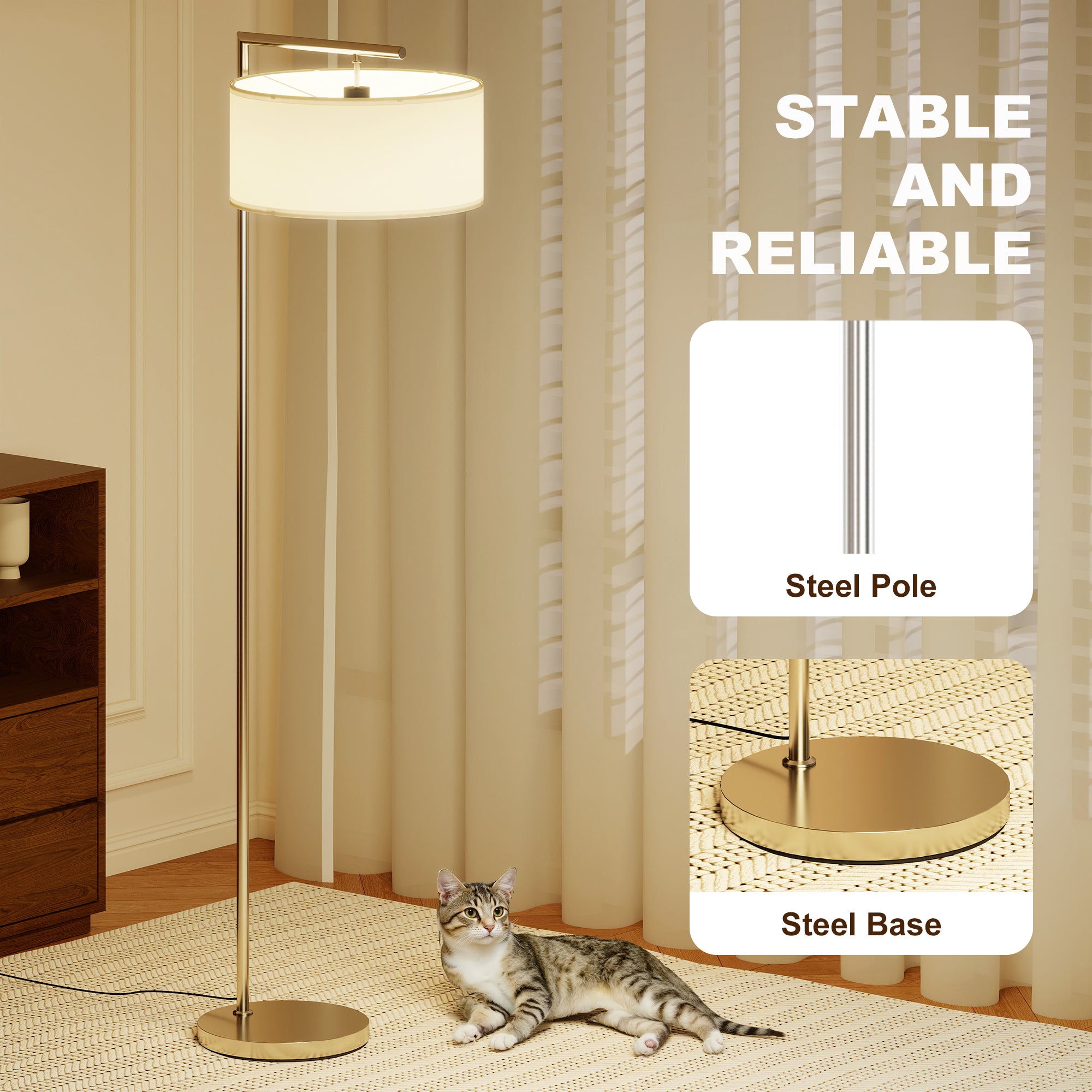 HOMCOM Floor Lamp, Modern Standing Lamp with Linen Lampshade, Round Base for Living Room, Bedroom, Dining Room, 153cm, Silver Tone