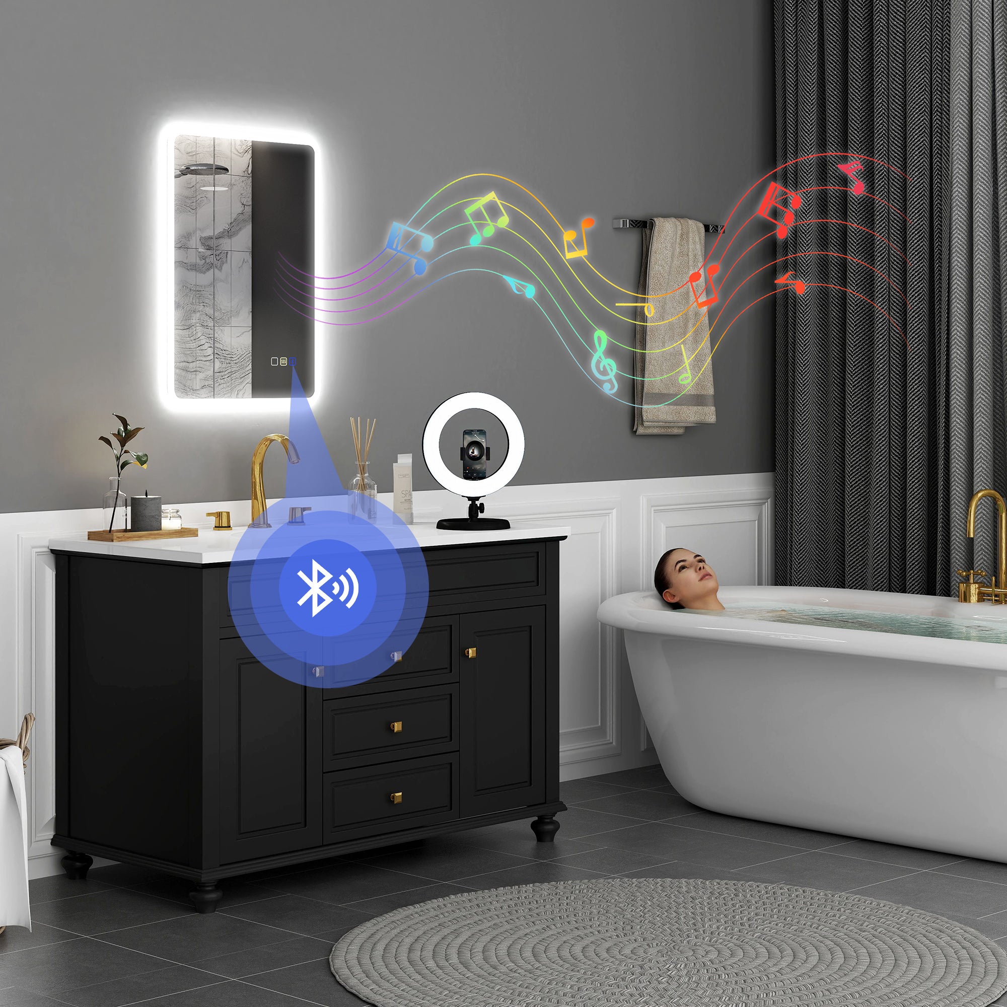 HOMCOM 50 x 70 cm Backlit Illuminated Bathroom Mirror with LED Lights and Bluetooth - Silver Tone
