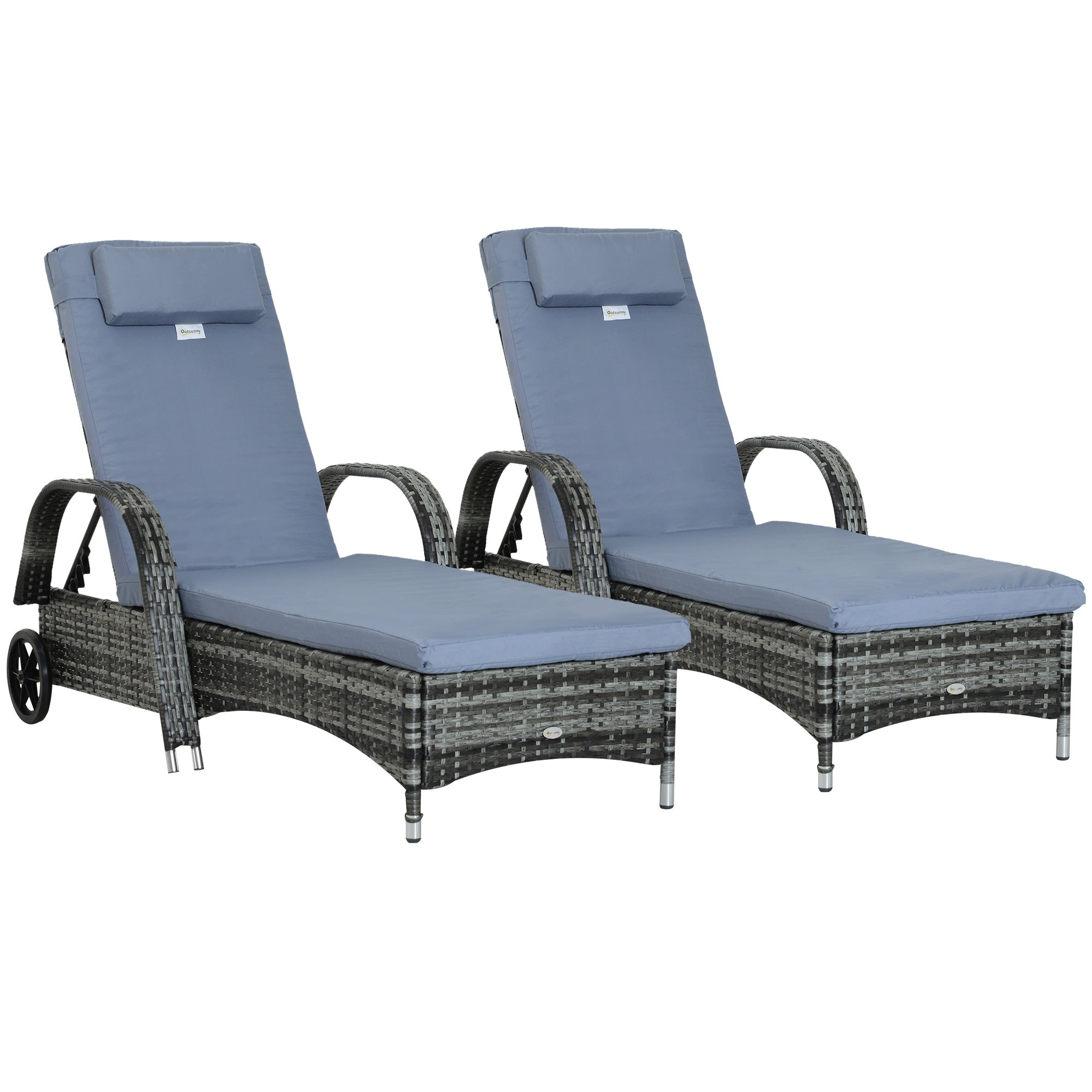 Outsunny 2PC Rattan Sun Lounger Recliner Bed Reclining Chair Patio Garden Outdoor Wicker Weave Adjustable Headrest with Fire Retardant Cushion \'e2\'80\'93 Grey