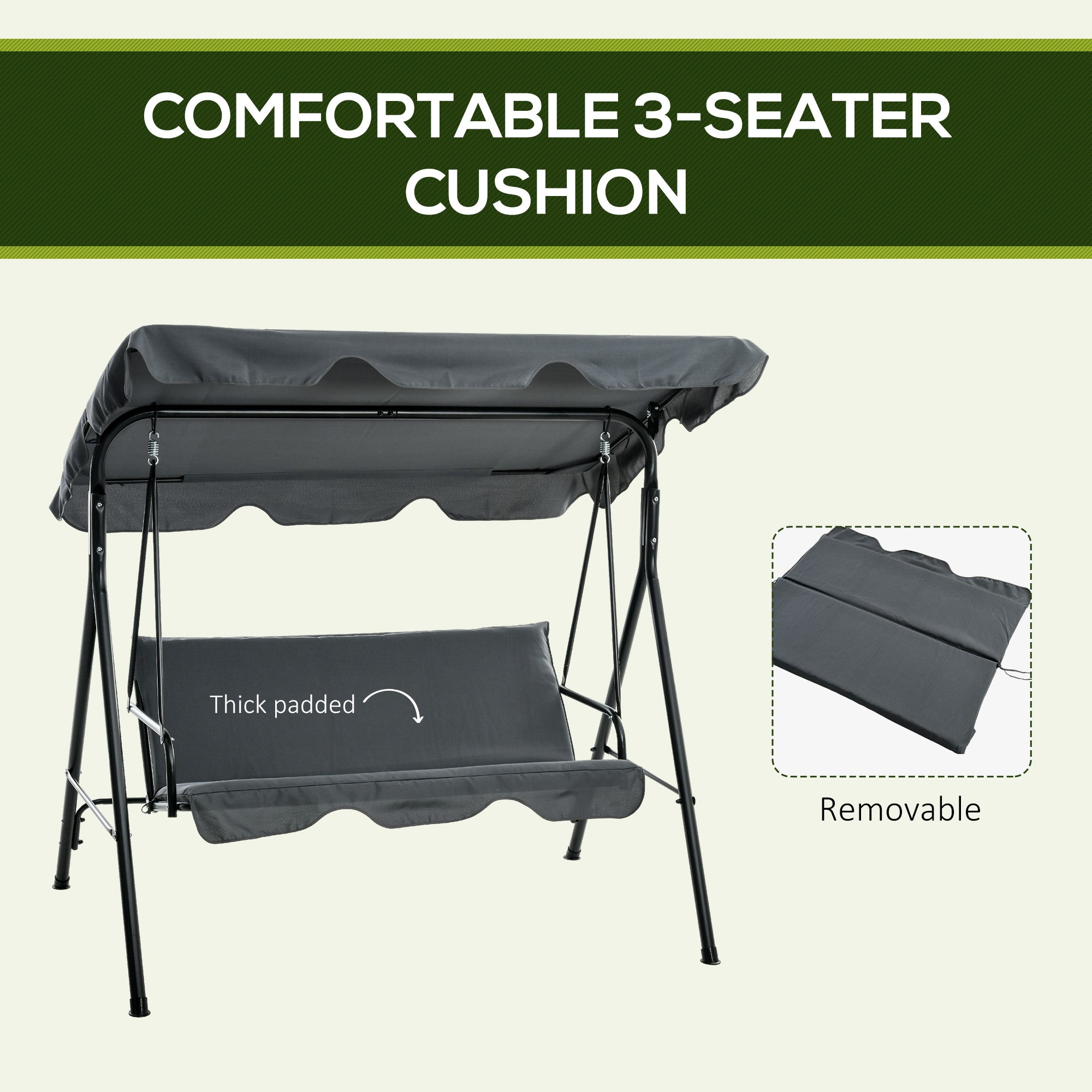Outsunny Three-Seater Garden Swing Chair, with Adjustable Canopy - Grey
