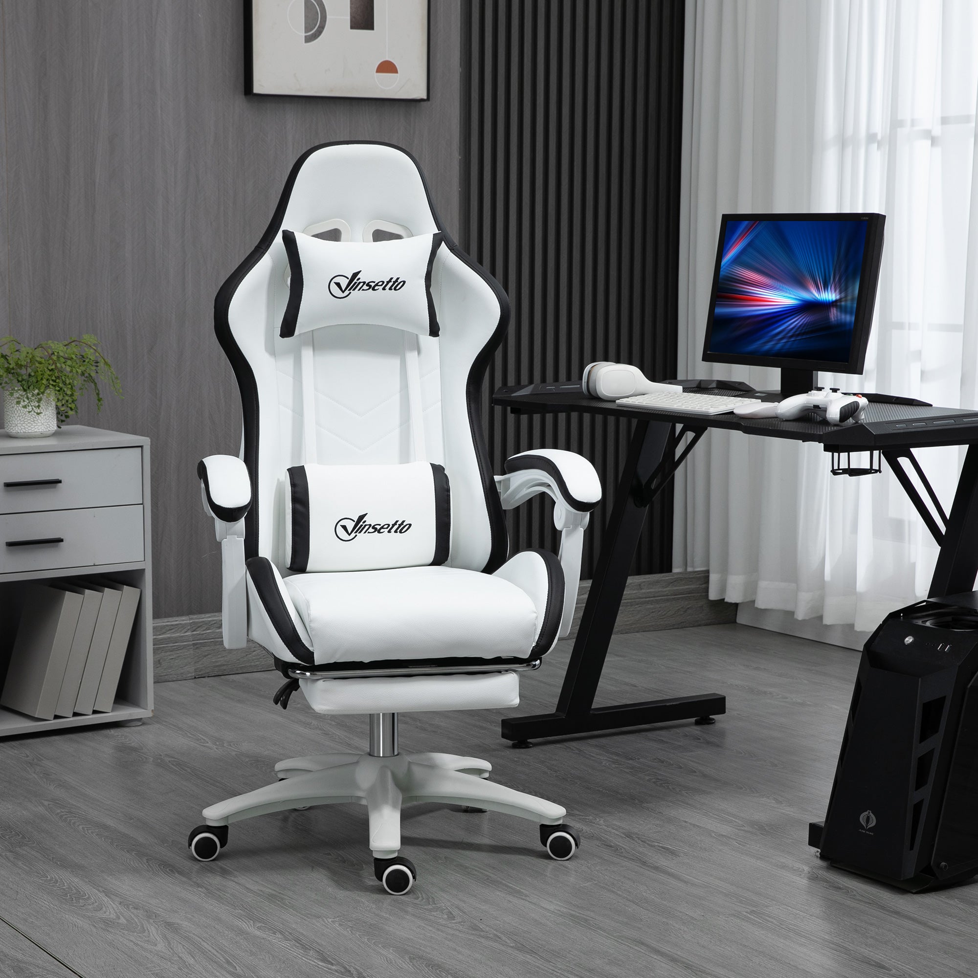 Vinsetto Computer Gaming Chair, PU Leather Desk Chair with Footrest, Swivel Task Chair with 135\'c2\'b0 Reclining Back and Lumbar Support, PC Chair for Adults, White and Black