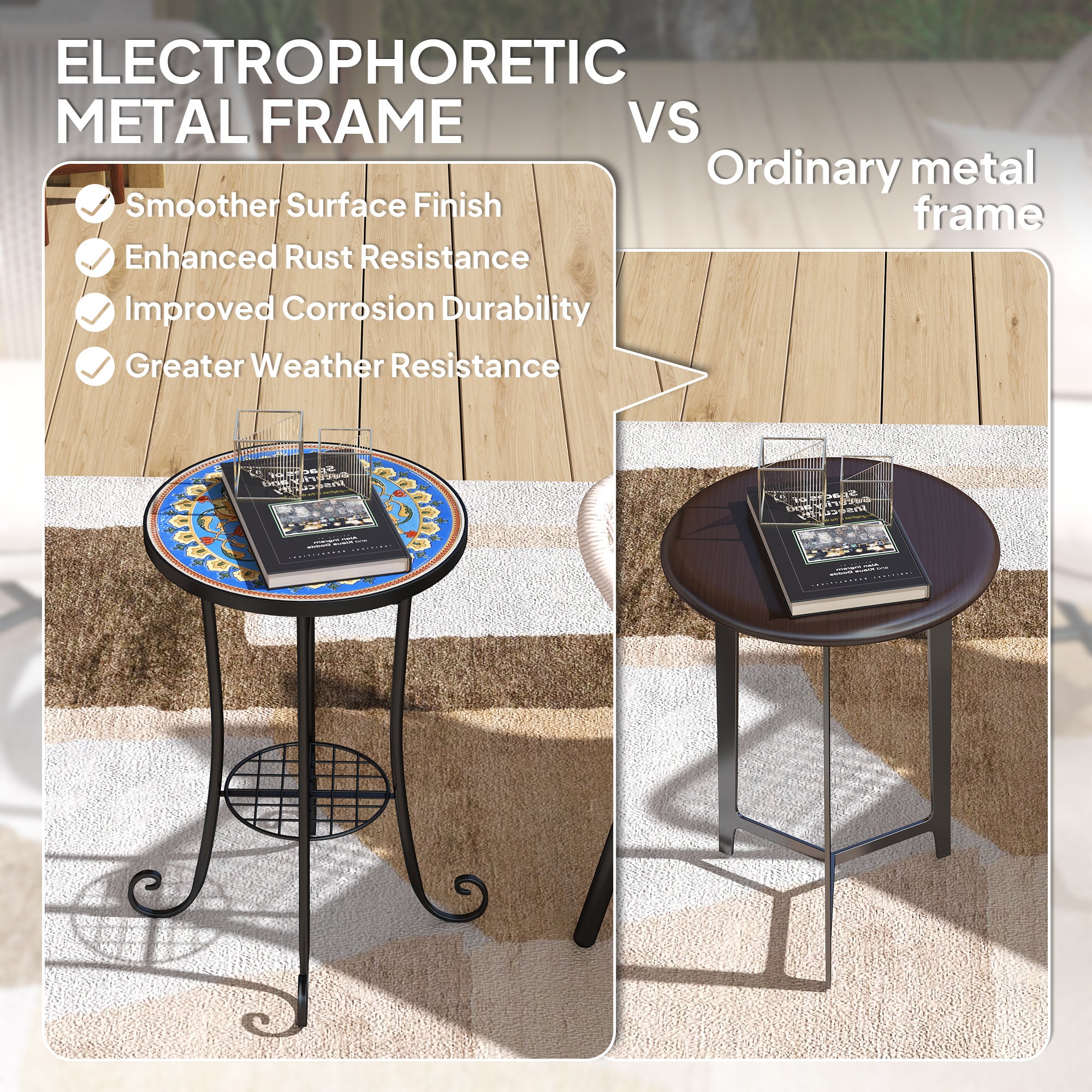 Outsunny Mosaic Garden Table, 35.5 cm Round Outdoor Table with Shelf, Ceramic Tile Top, Small Garden Side Table Bistro Table End Table Plant Stand for Indoor, Patio, Balcony, Blue