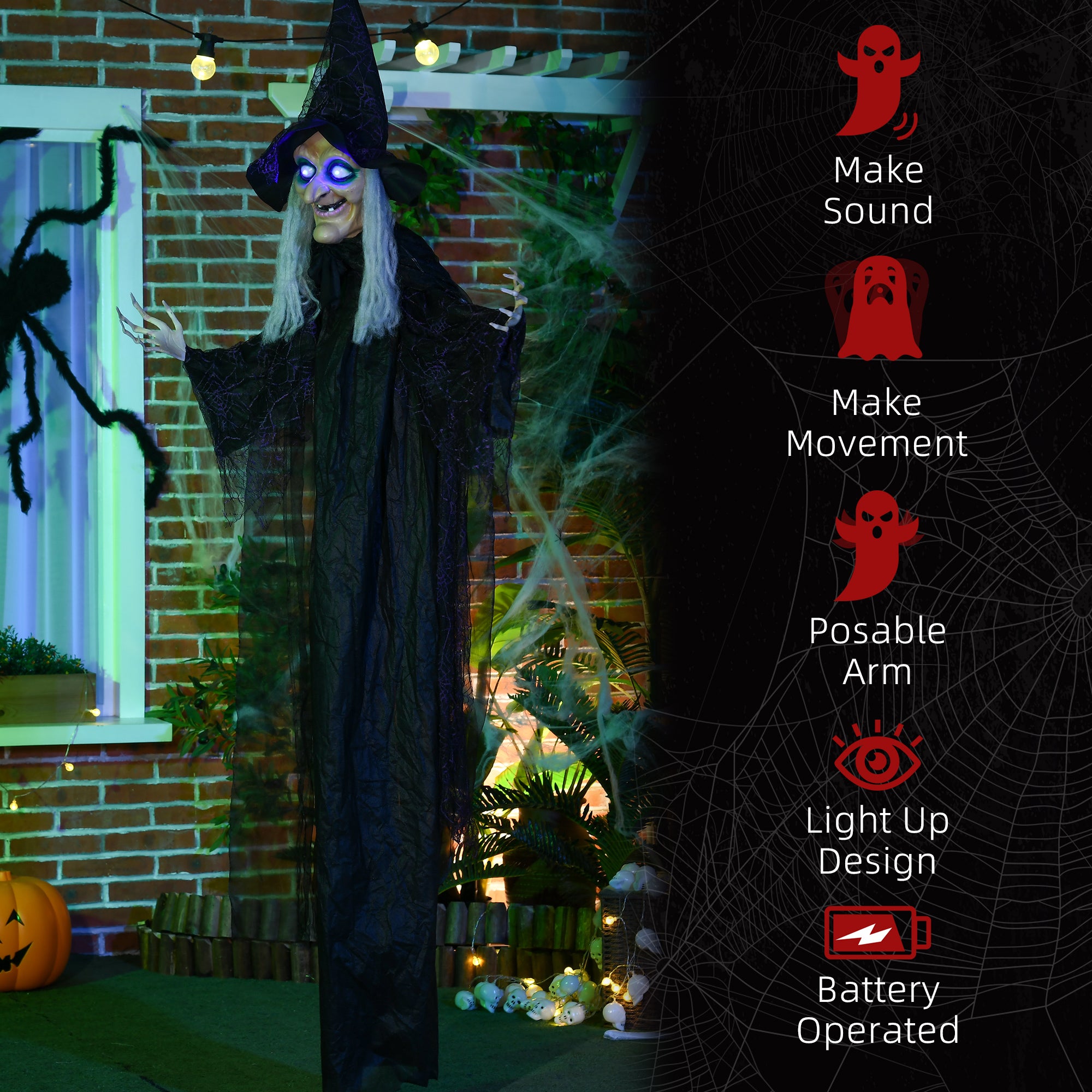 HOMCOM 6ft Outdoor Halloween Decoration Witch, Hanging Witch Prop Life Size with Sound and Motion Activated, Light Up Eyes, Talking Sound, Posable Arms