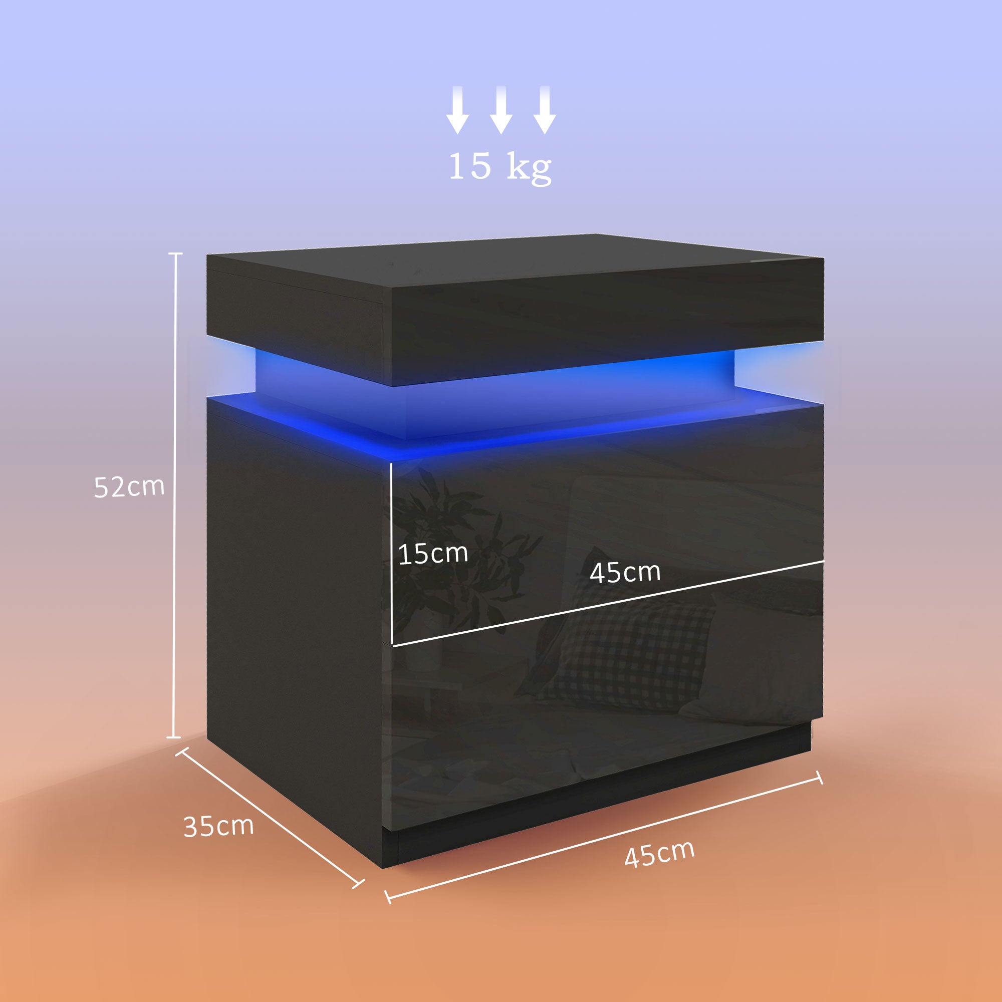 HOMCOM High Gloss Front Bedside Tables Set of 2, Nightstands with RGB LED Light and 2 Drawers, Chest of Drawers for Bedroom, Living Room, Black
