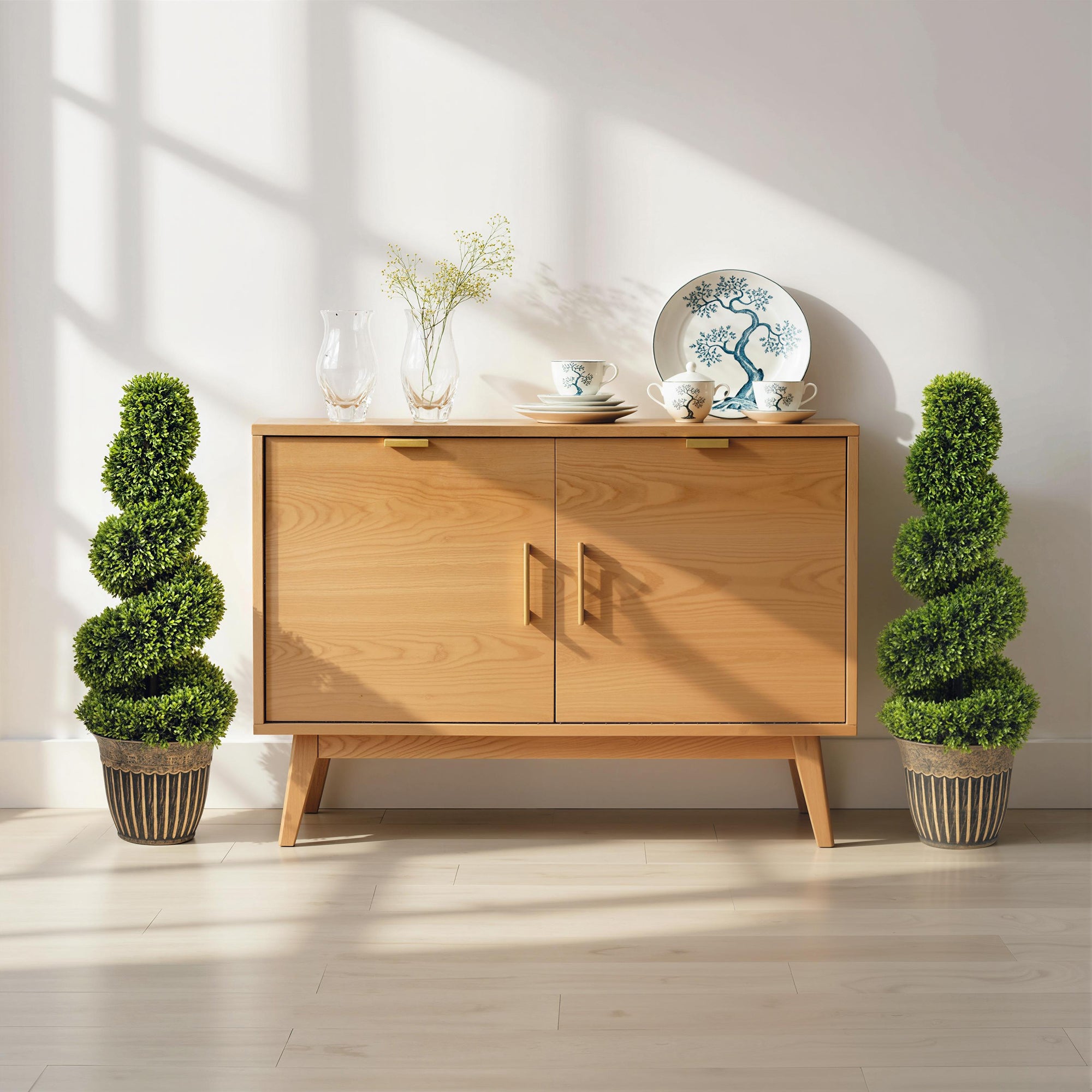 HOMCOM Set of 2 Artificial Plants, Topiary Spiral Boxwood Trees with Pot, for Home Indoor Outdoor Decor, 90cm