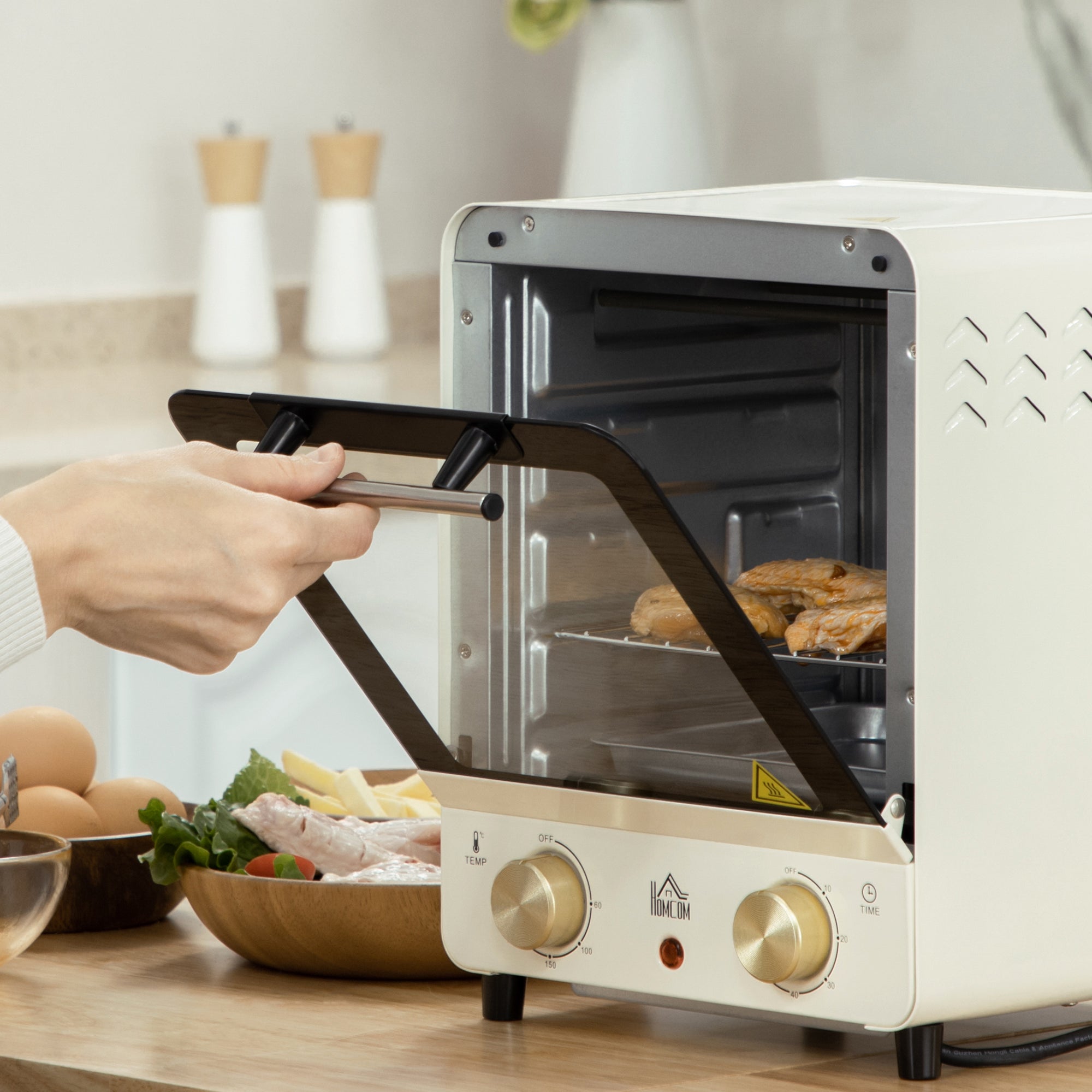 HOMCOM Mini Oven, 15 Litres Electric Oven and Grill with 60-230\'e2\'84\'83 Adjustable Temperature, 60 Minute Timer, Include Baking Tray, Wire Rack and Crumb Tray, 1000W, Cream White