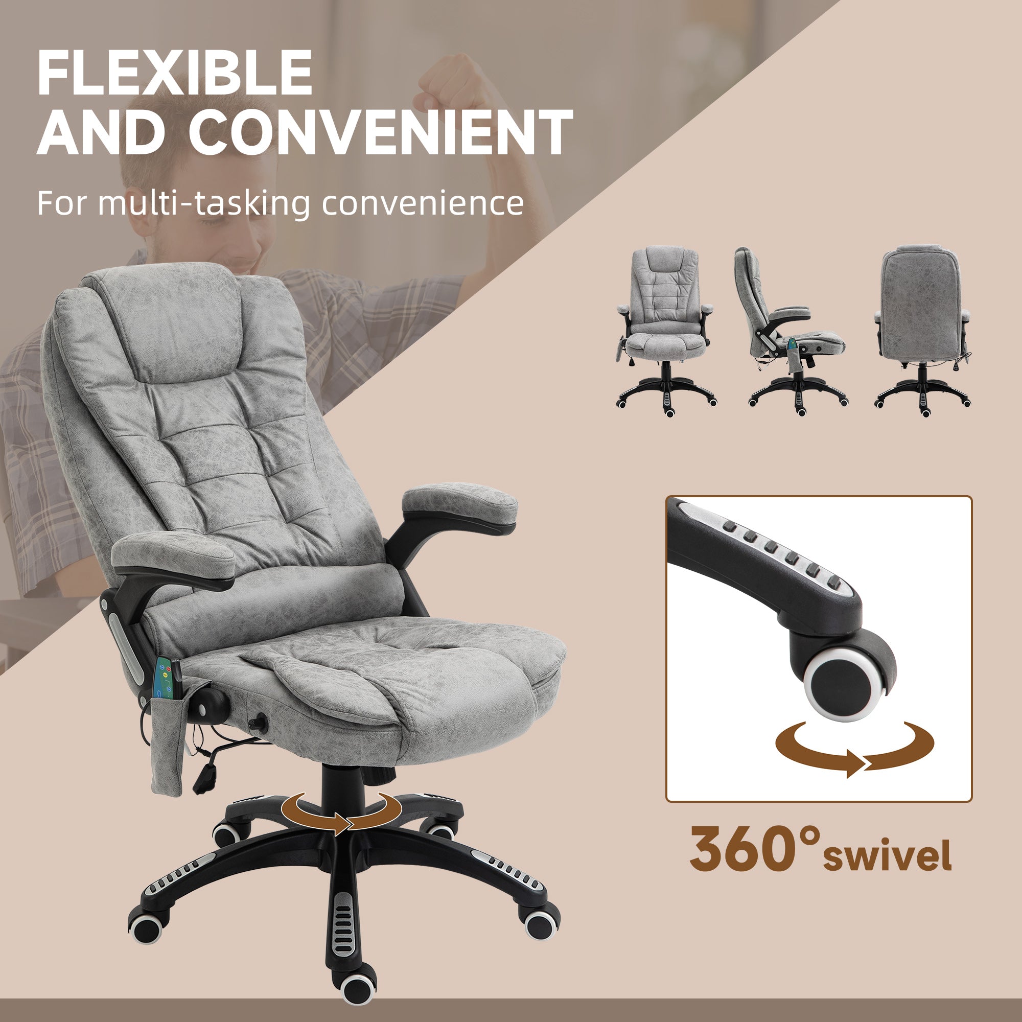 Vinsetto Massage Recliner Chair Heated Office Chair with Six Massage Points Microfiber Cloth 360\'c2\'b0 Swivel Wheels Grey