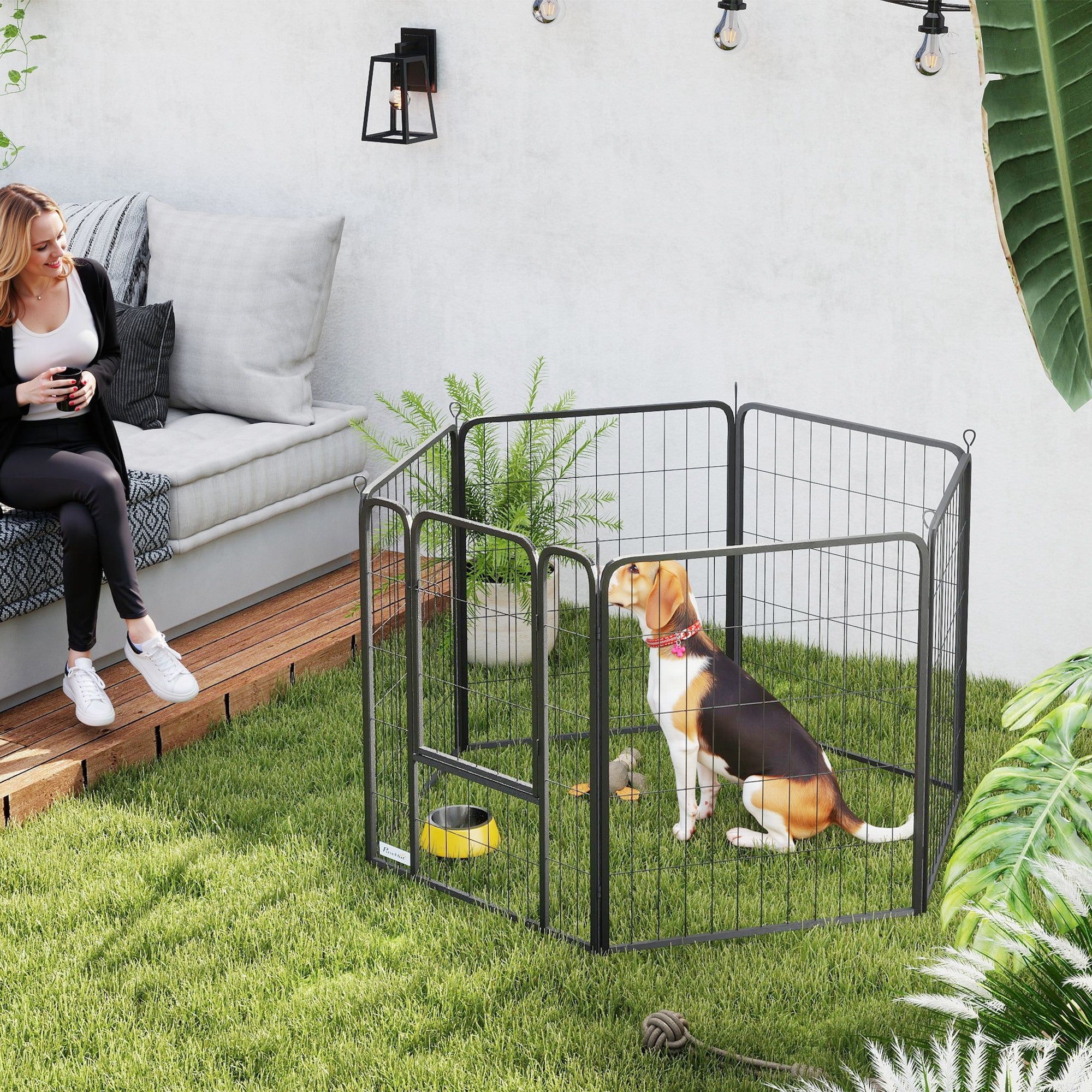 PawHut 6 Panels Heavy Duty Dog Playpen with Secure Door, for Indoor Outdoor, for Garden, Camping, 80cm High