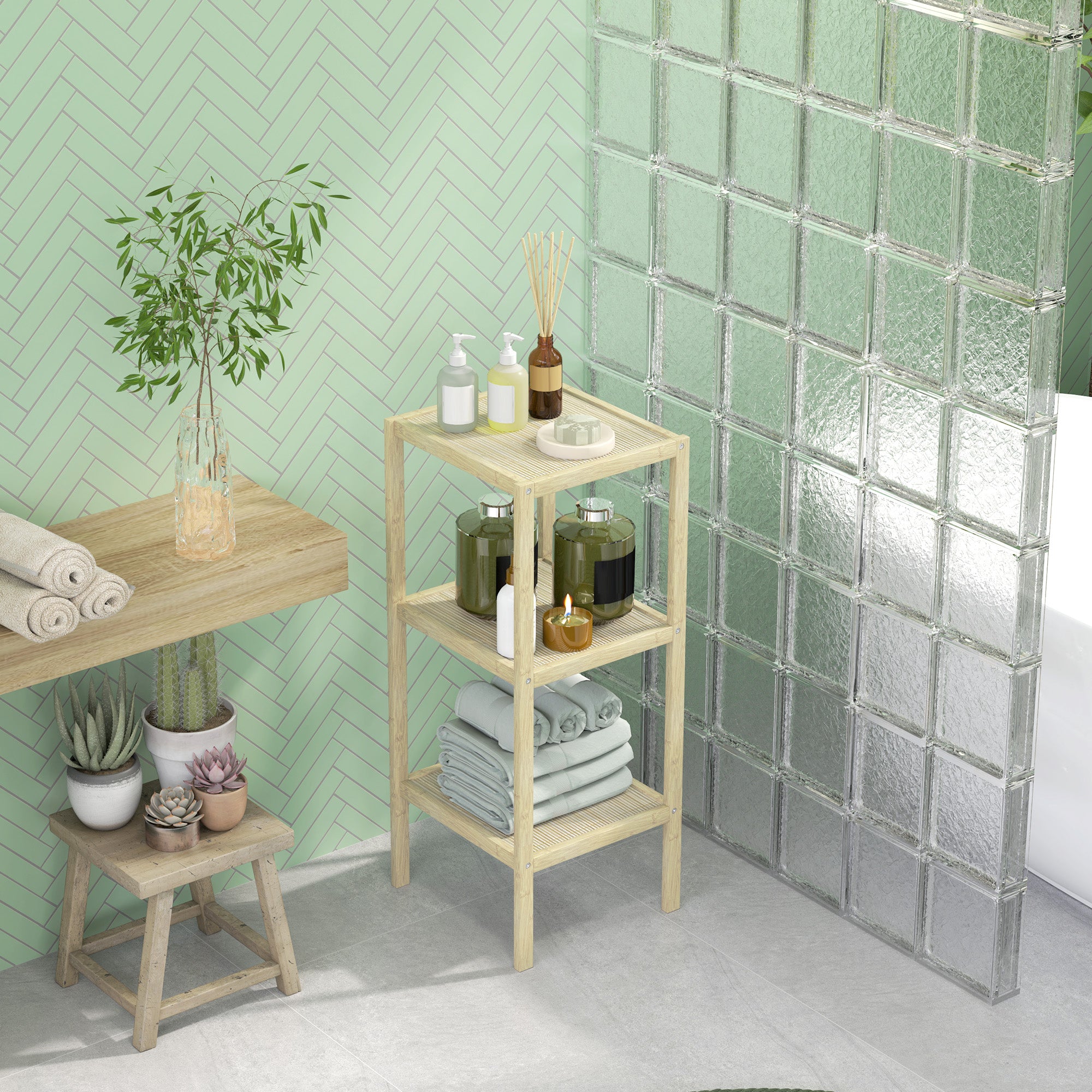 HOMCOM Three-Tier Bamboo Bathroom Shelf - Natural Finish