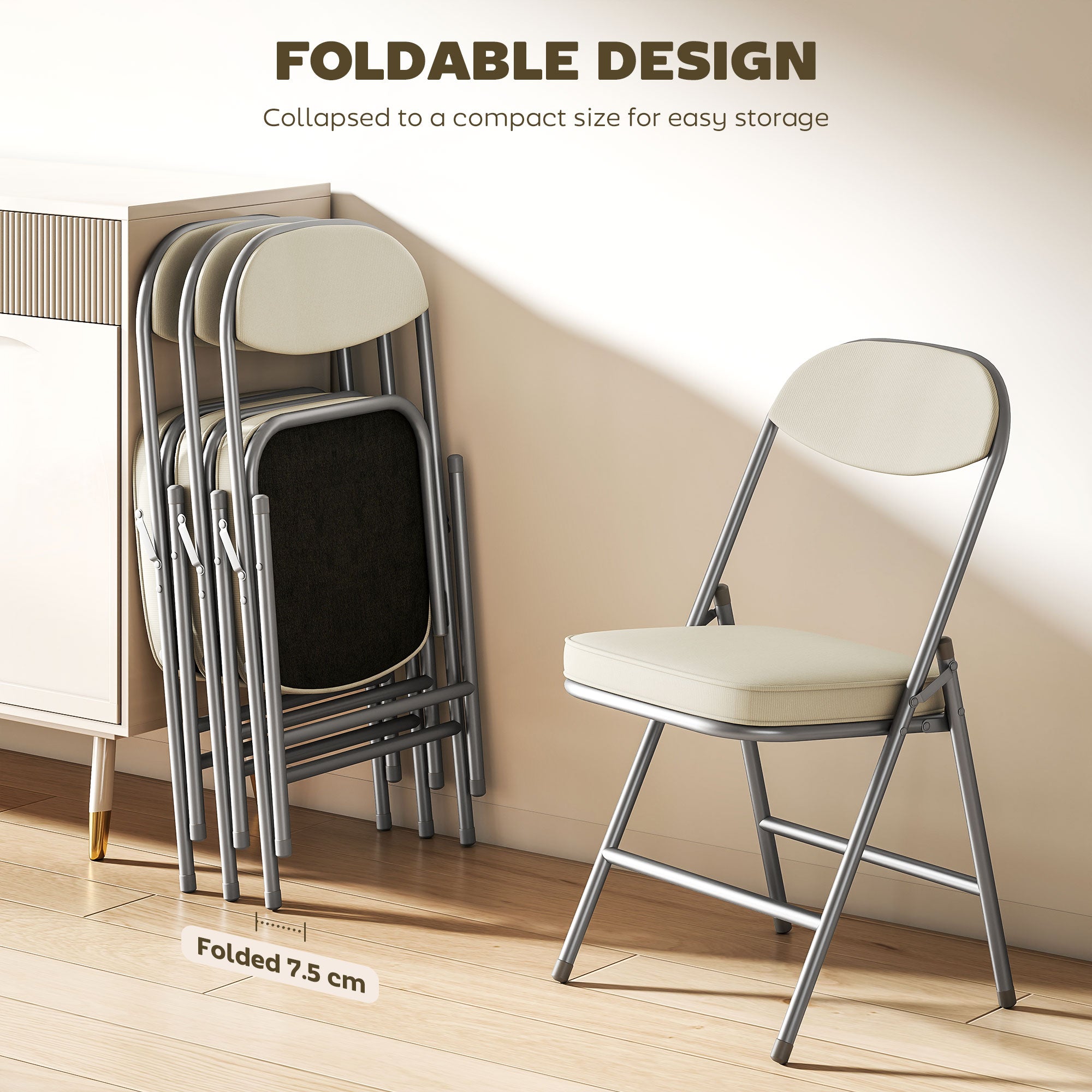 HOMCOM Set of Four Folding Corduroy Seat Chairs, Cream