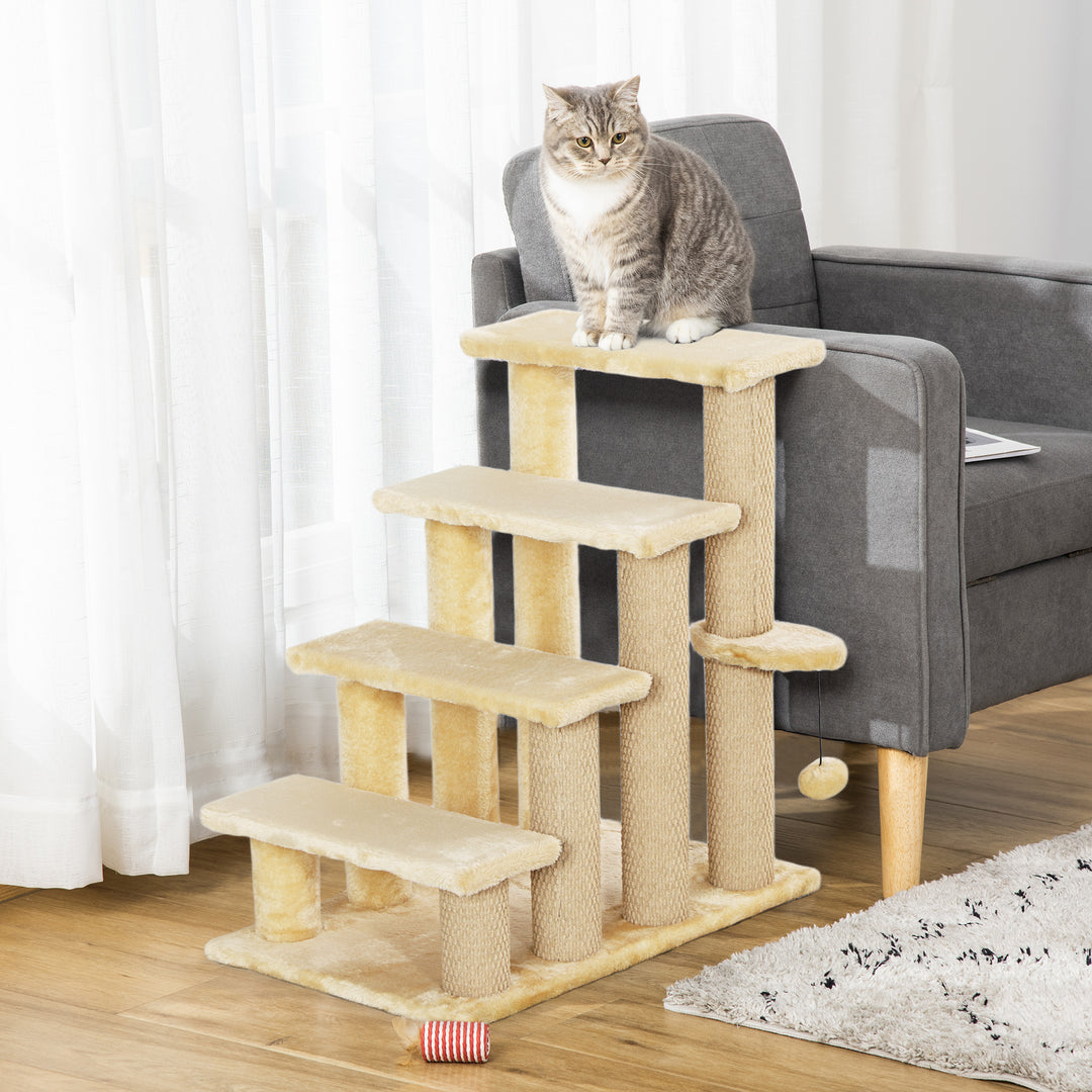 PawHut 4-step Pet Stairs with Scratching Posts, Platforms, Toy Ball, Beige