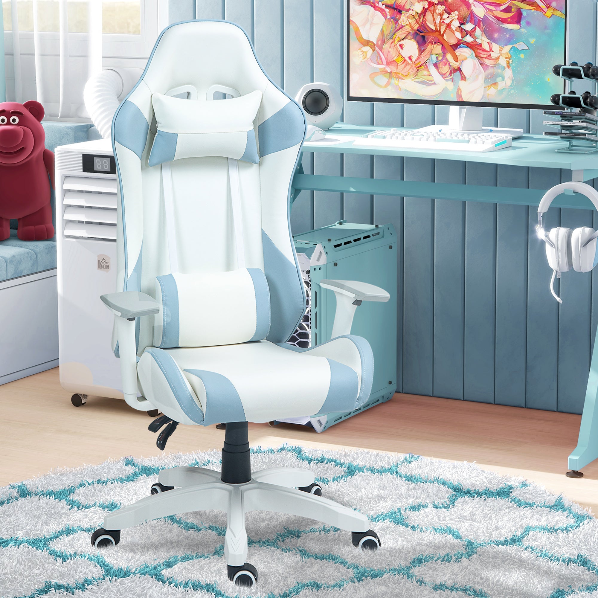 HOMCOM Faux Leather Colour Block Gaming Chair, with 135\'c2\'b0 Reclining Back - Blue/White