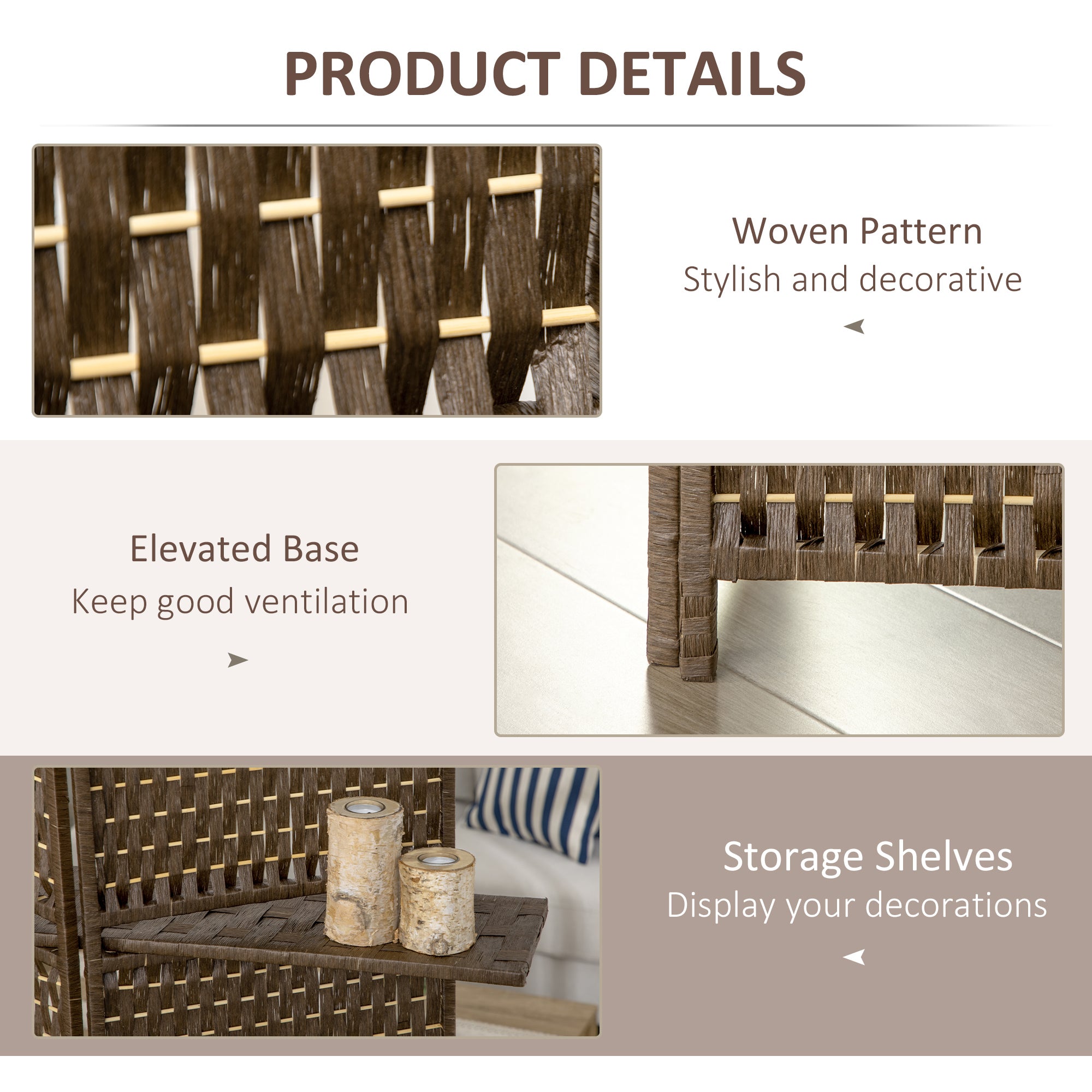 HOMCOM 4-Panel Room Dividers with Shelves, Wave Fibre Freestanding Folding Privacy Screen Panels, Partition Wall Divider for Indoor Bedroom Office, 180\'c2\'a0cm, Brown